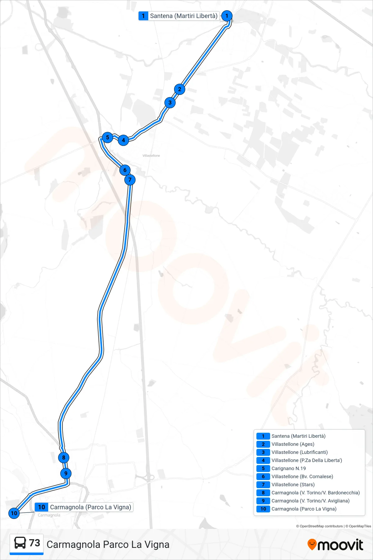Linea 73 bus (Carmagnola Parco La Vigna) - Percorsi e fermate sulla mappa