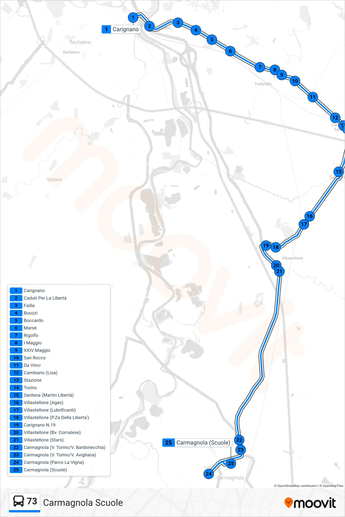 Linea 73 bus (Carmagnola Scuole) - Percorsi e fermate sulla mappa