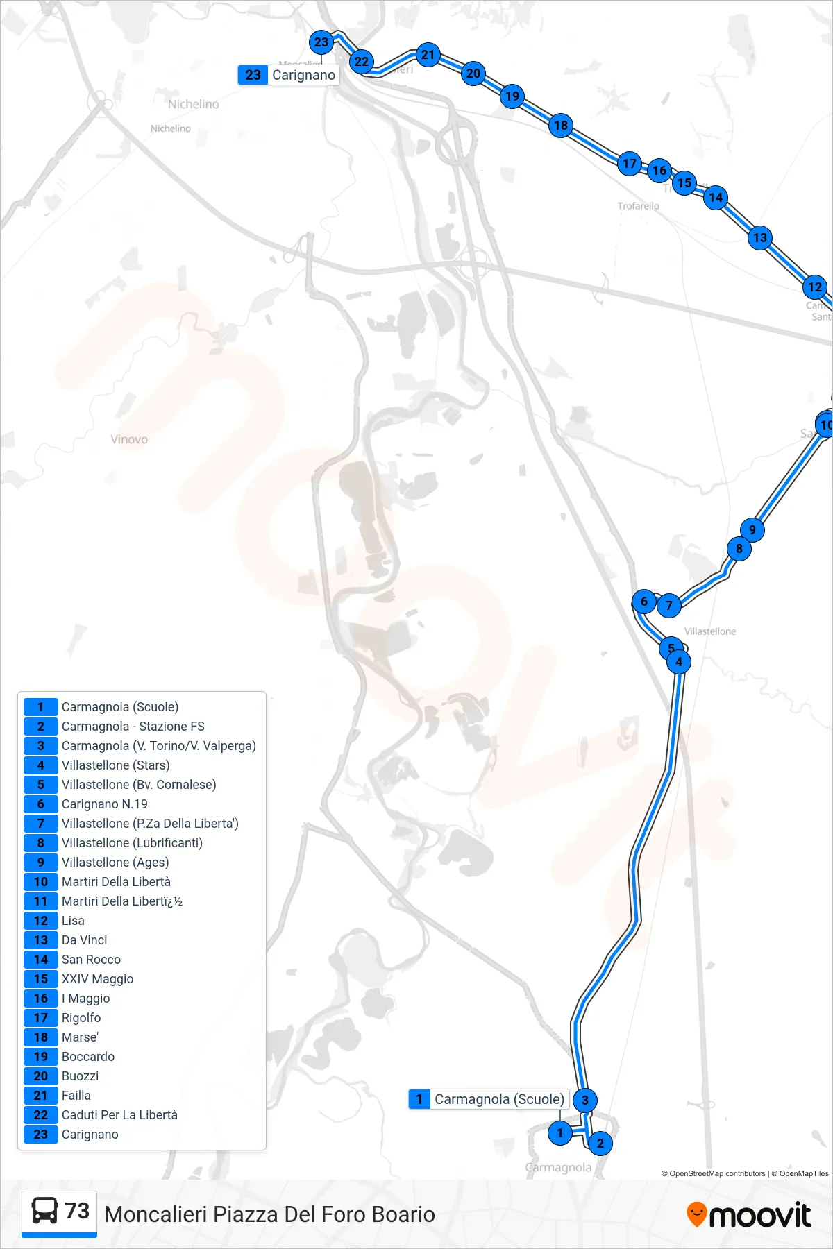 Linea 73  bus (Moncalieri Piazza Del Foro Boario) - Percorsi e fermate sulla mappa