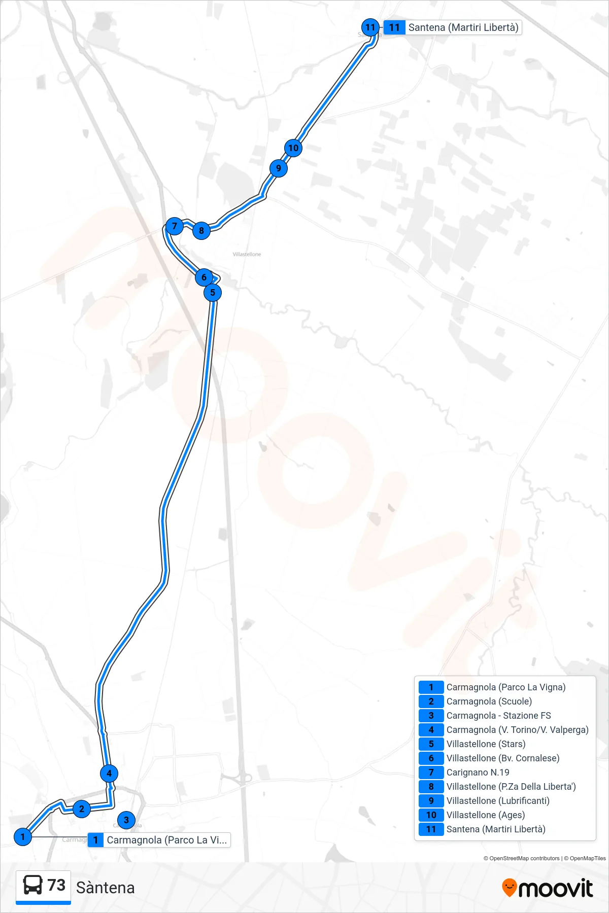 Linea 73  bus (Sàntena) - Percorsi e fermate sulla mappa