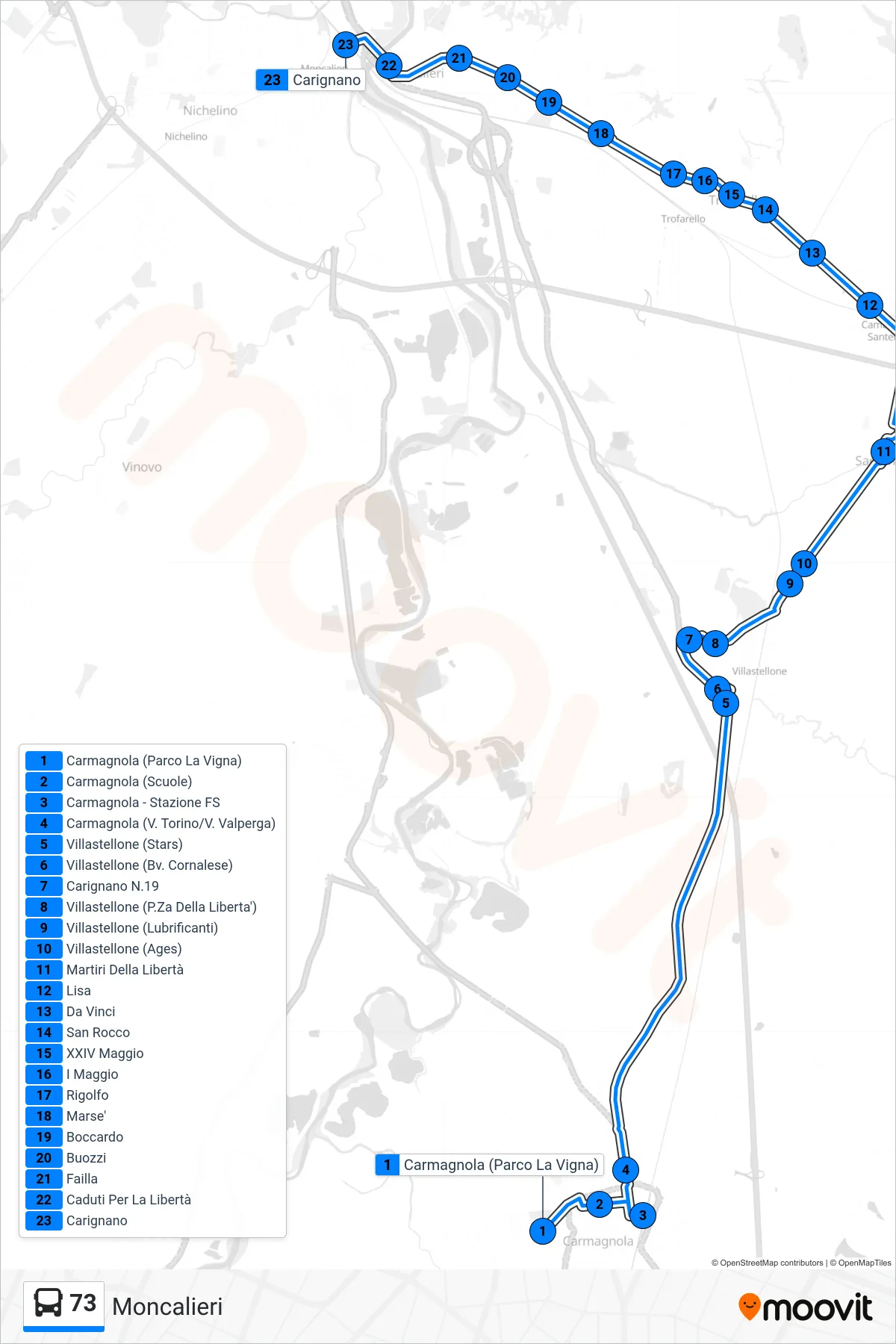 Linea 73 bus (Moncalieri) - Percorsi e fermate sulla mappa