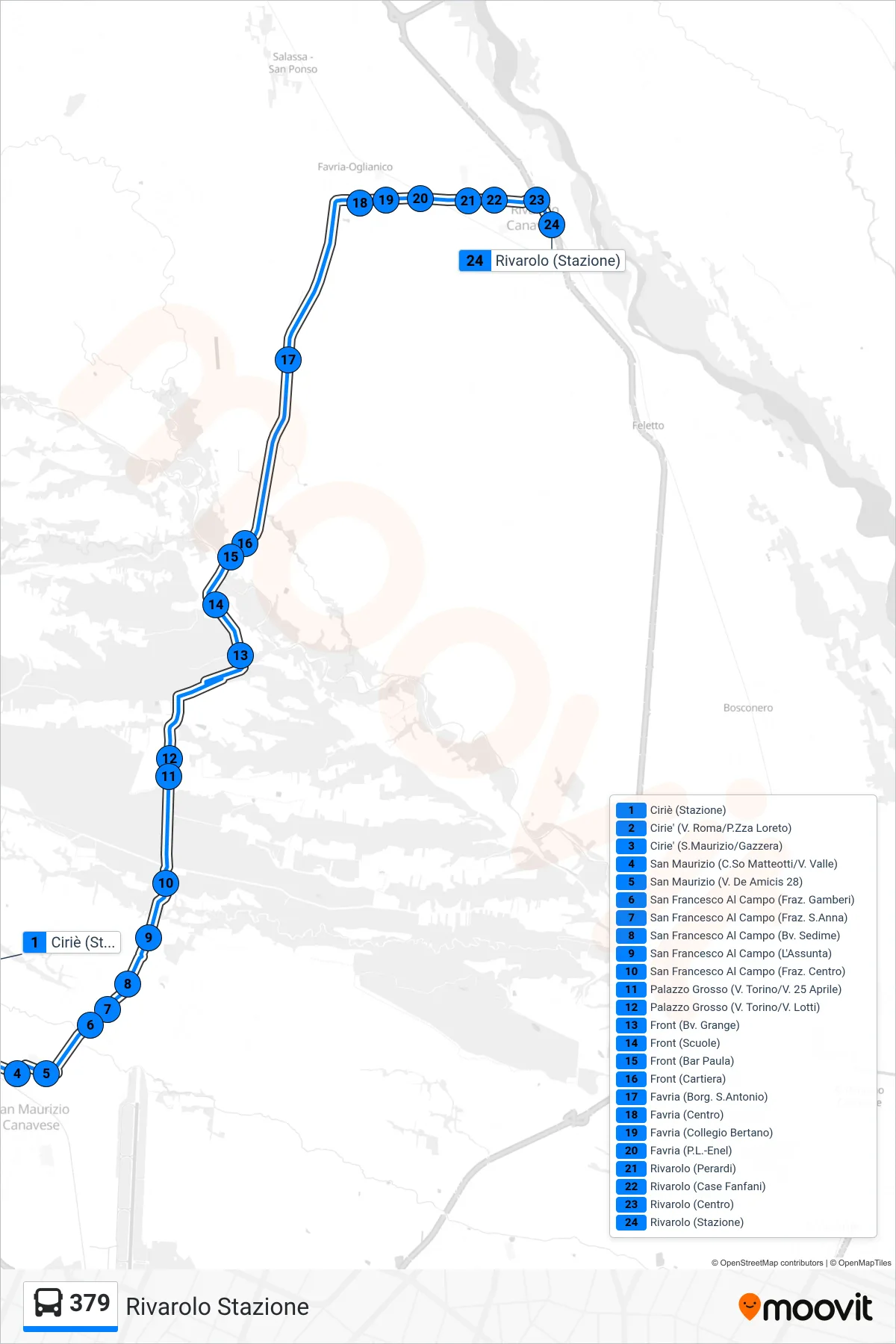 379 bus Line (Rivarolo Station) route and stops on a map