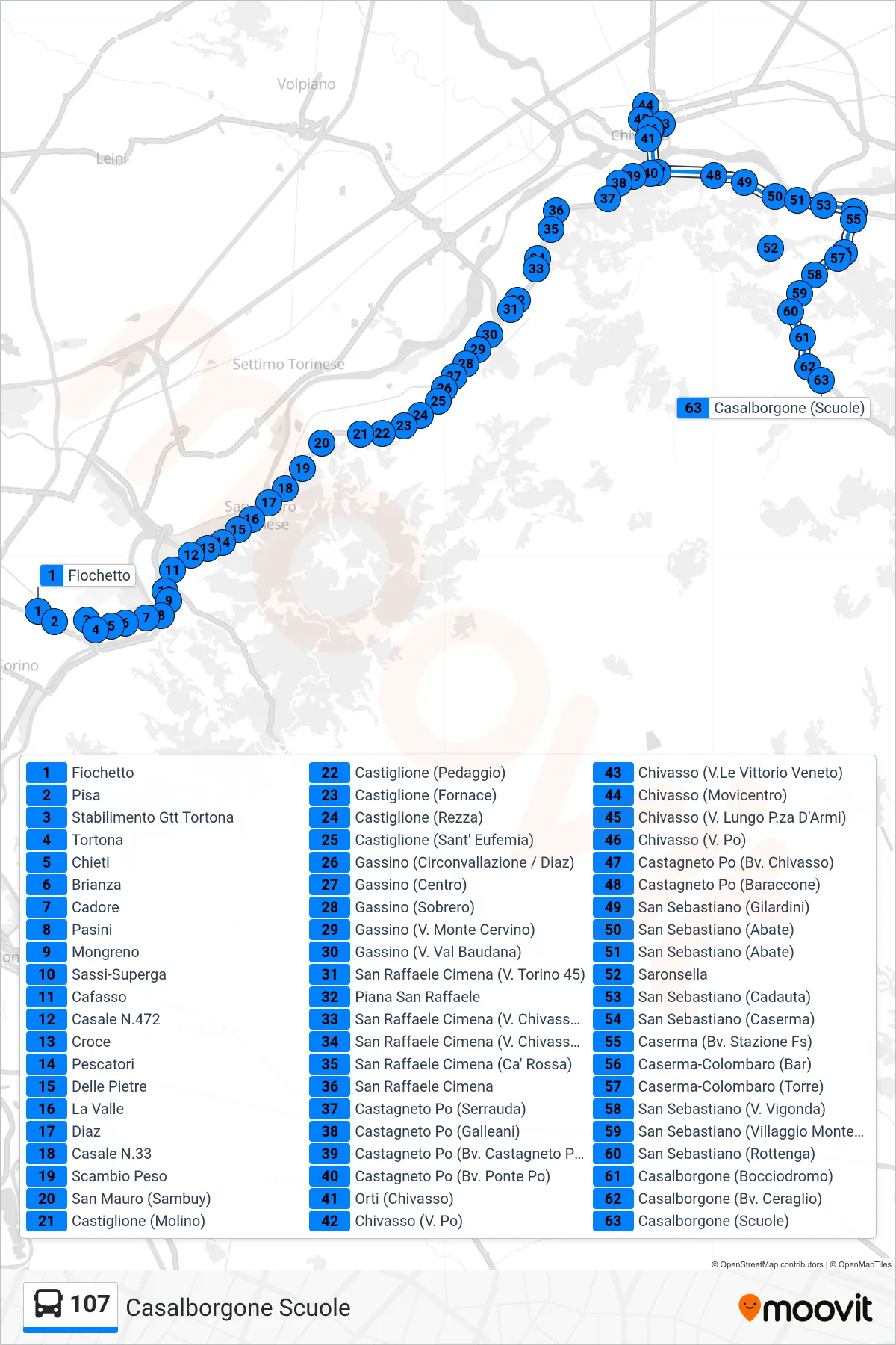 Linea 107 bus (Casalborgone Scuole) - Percorsi e fermate sulla mappa