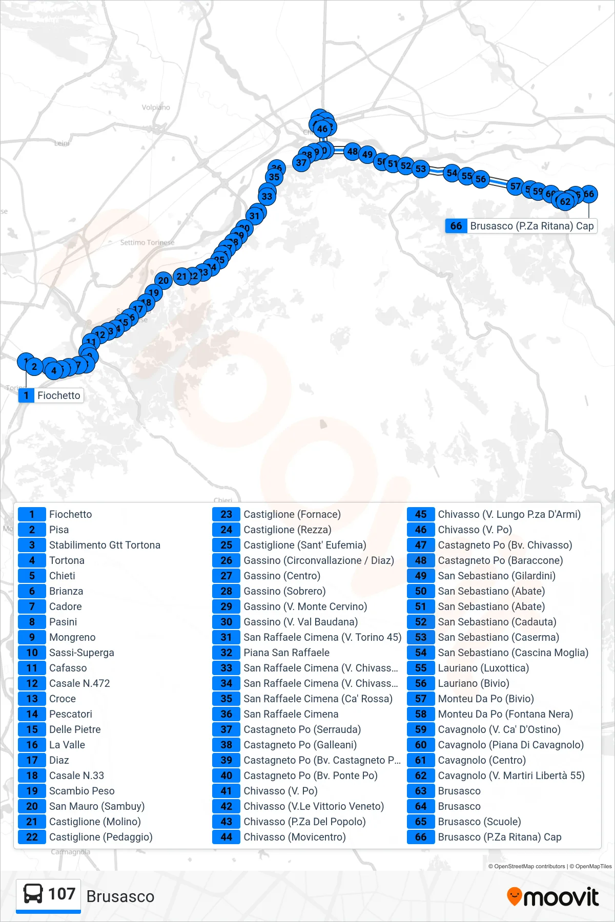 Linea 107 bus (Brusasco) - Percorsi e fermate sulla mappa