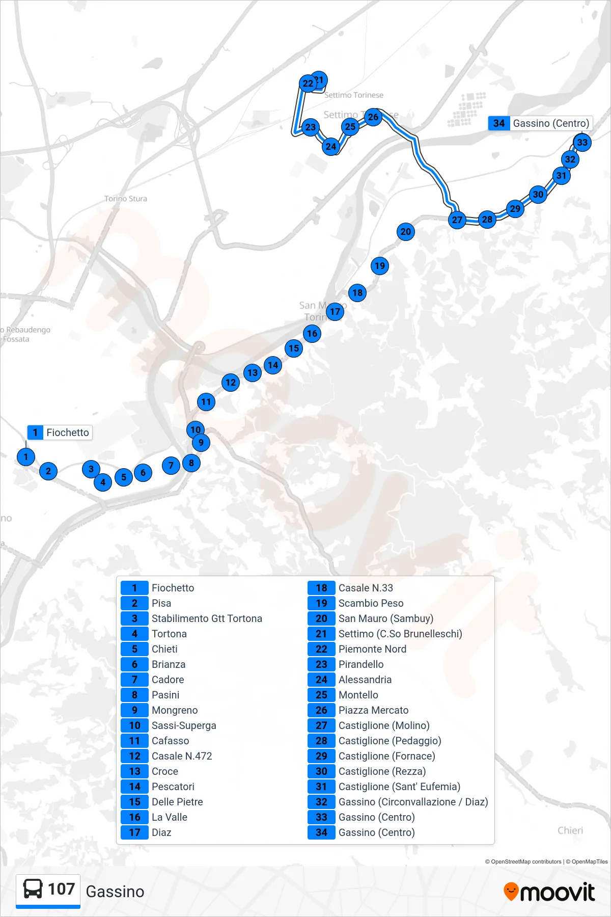 Linea 107  bus (Gassino) - Percorsi e fermate sulla mappa