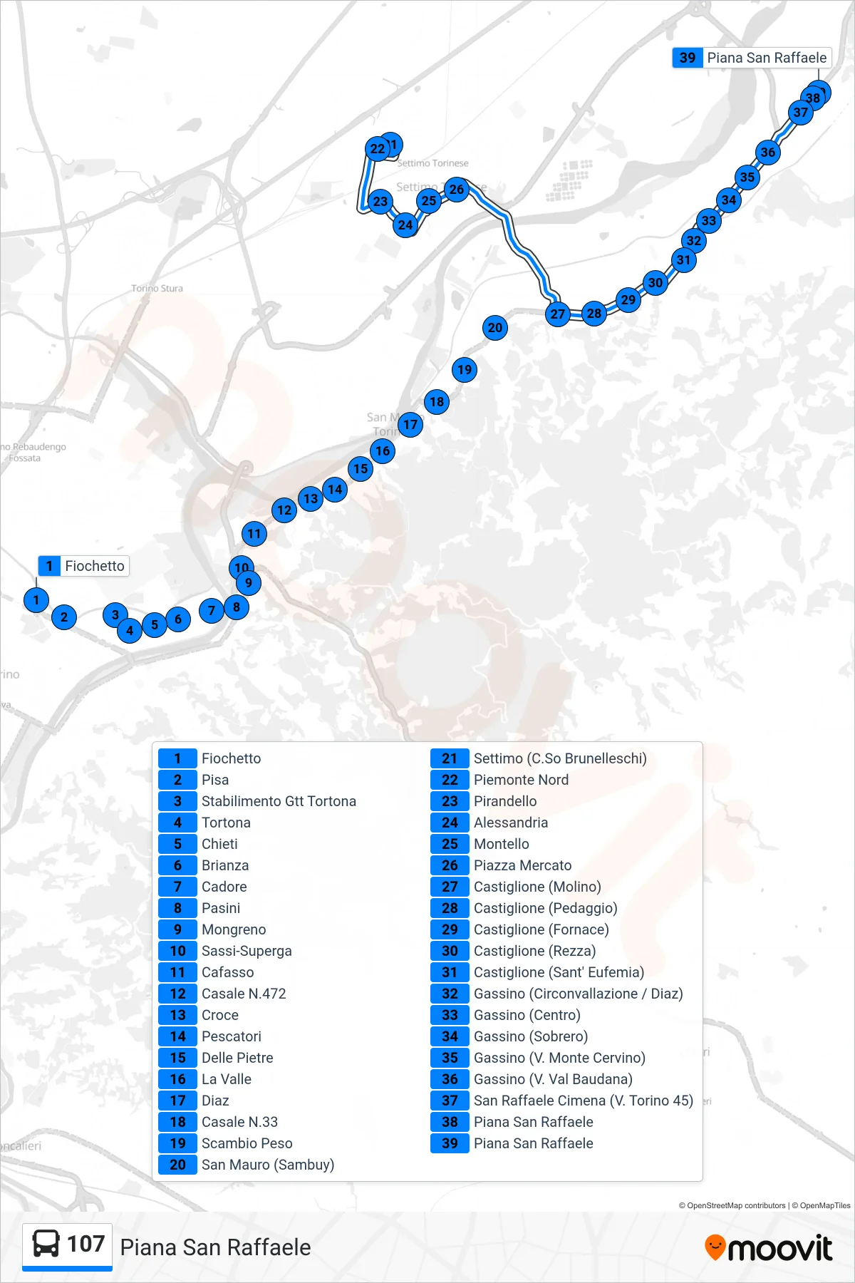 Linea 107  bus (Piana San Raffaele) - Percorsi e fermate sulla mappa