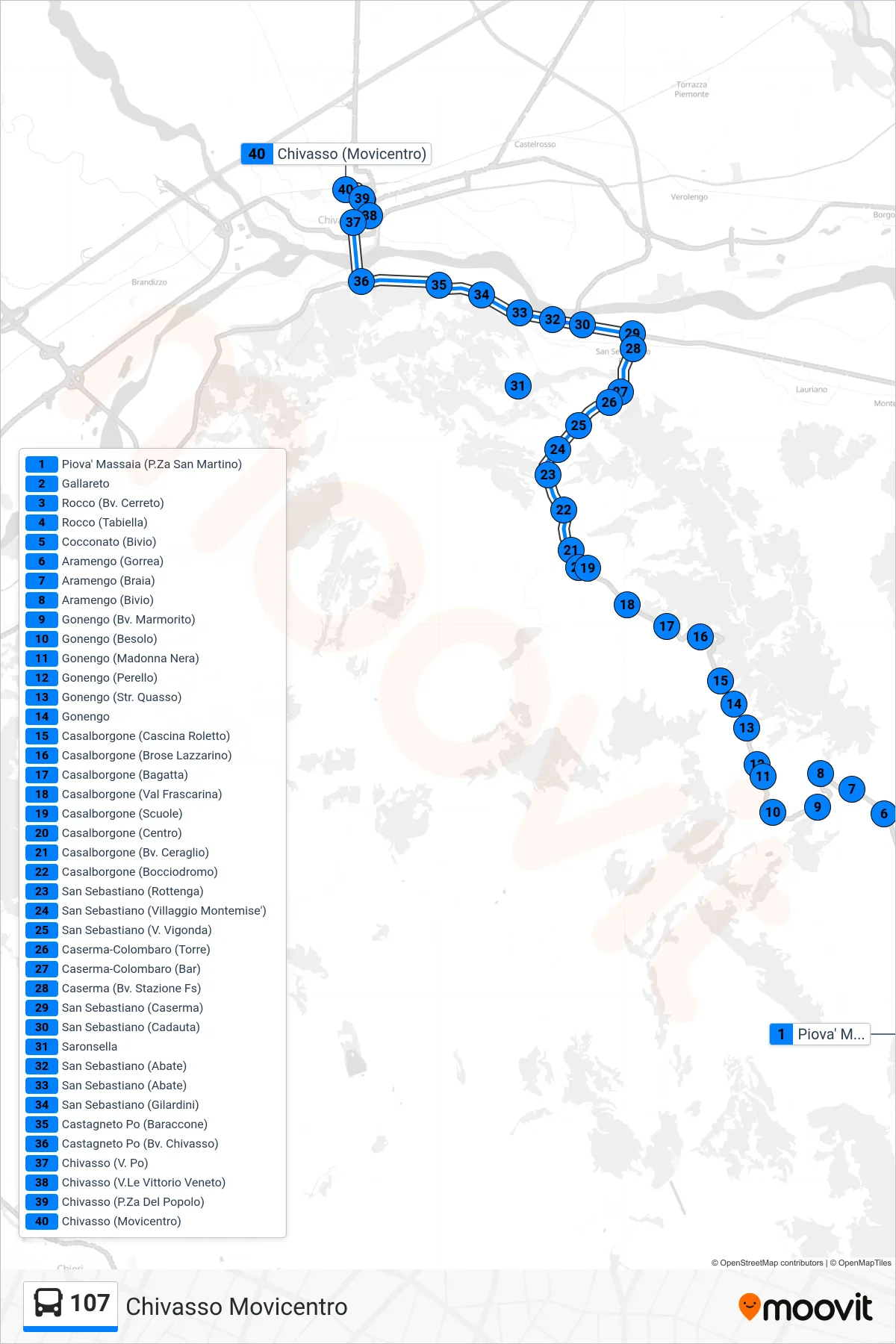107 bus Line (Chivasso Movicentro) route and stops on a map