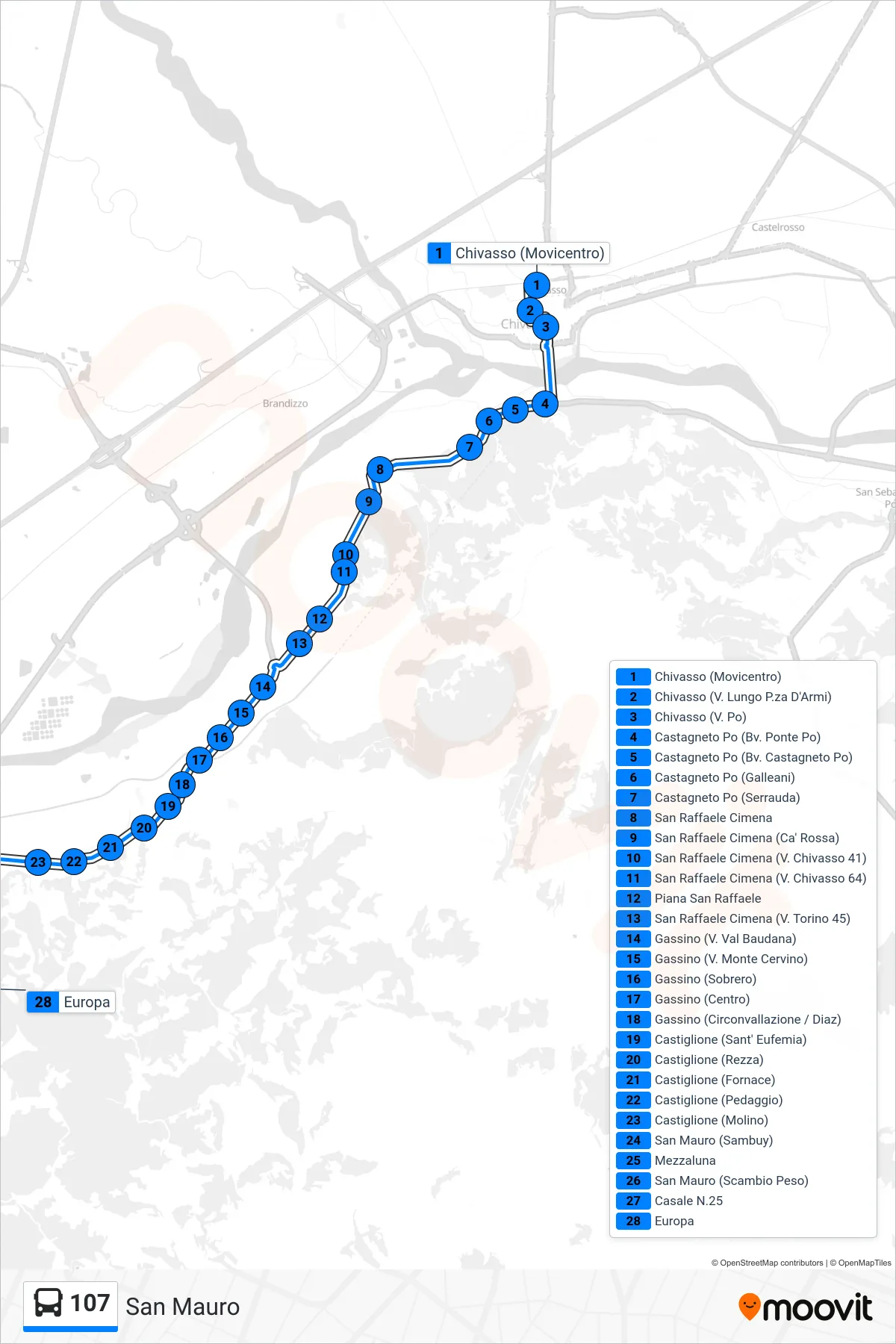 Linea 107 bus (San Mauro) - Percorsi e fermate sulla mappa
