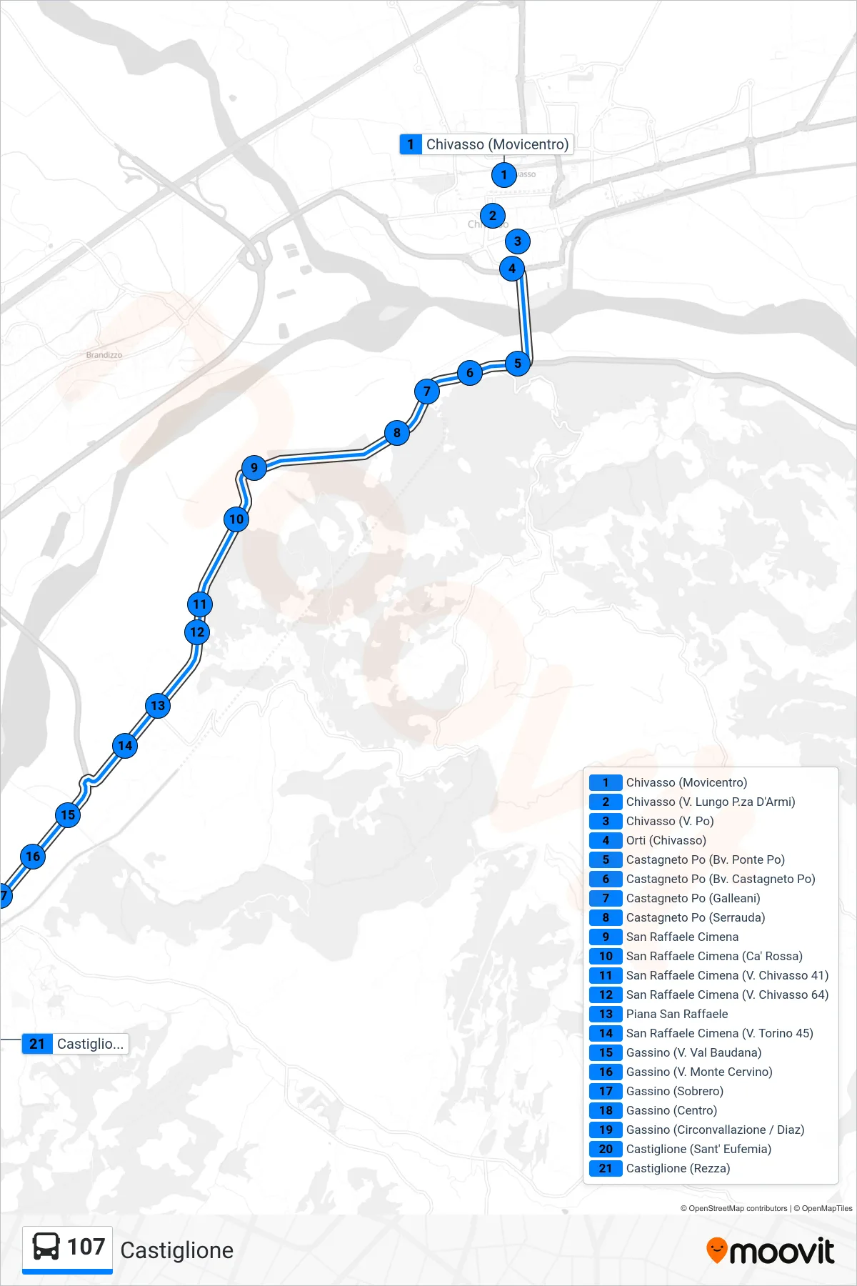 Linea 107  bus (Castiglione) - Percorsi e fermate sulla mappa
