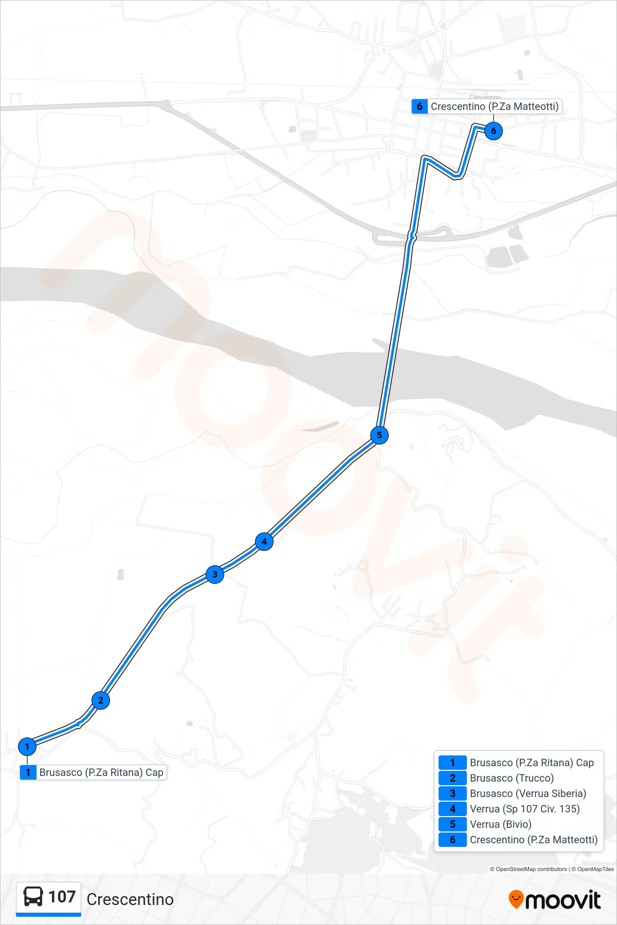 107 bus Line (Crescentino) route and stops on a map