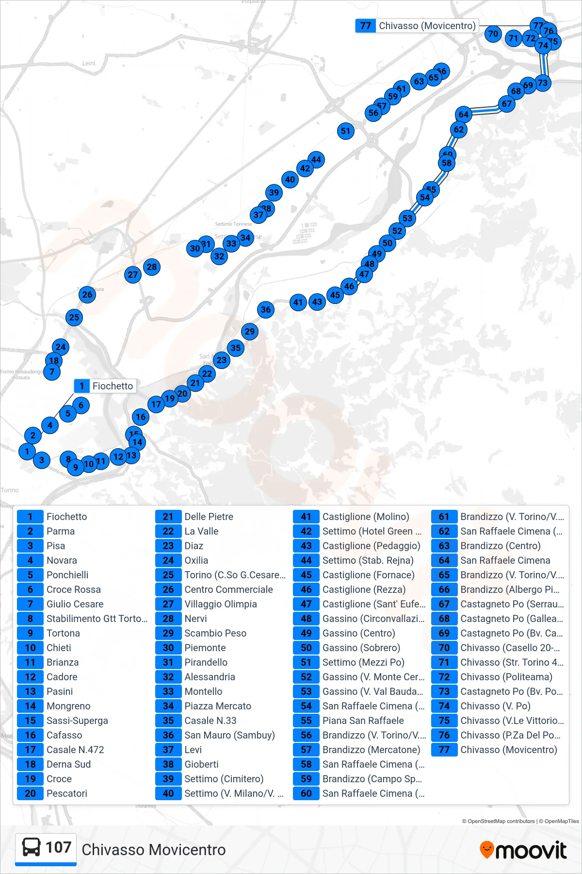 Linea 107 bus (Chivasso Movicentro) - Percorsi e fermate sulla mappa