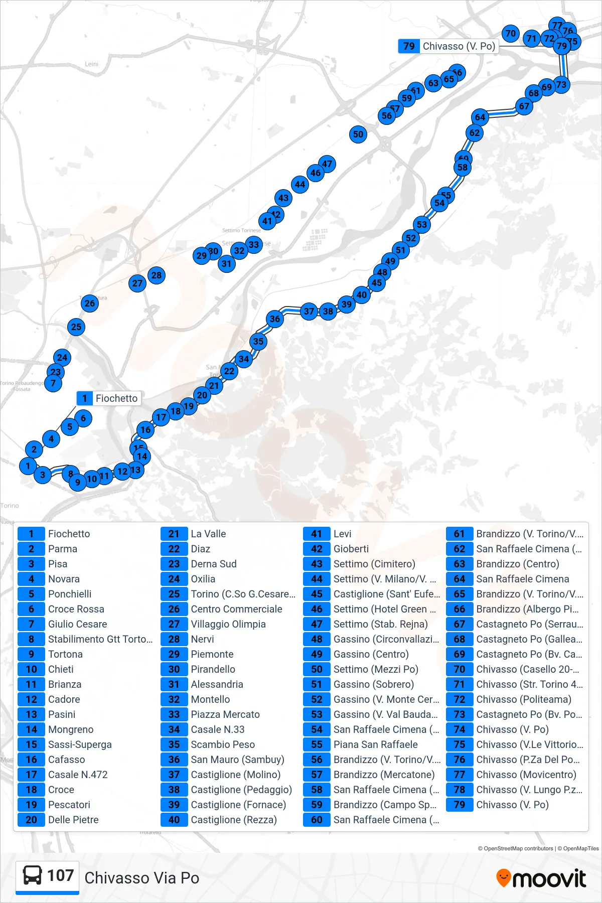 Linea 107 bus (Chivasso Via Po) - Percorsi e fermate sulla mappa