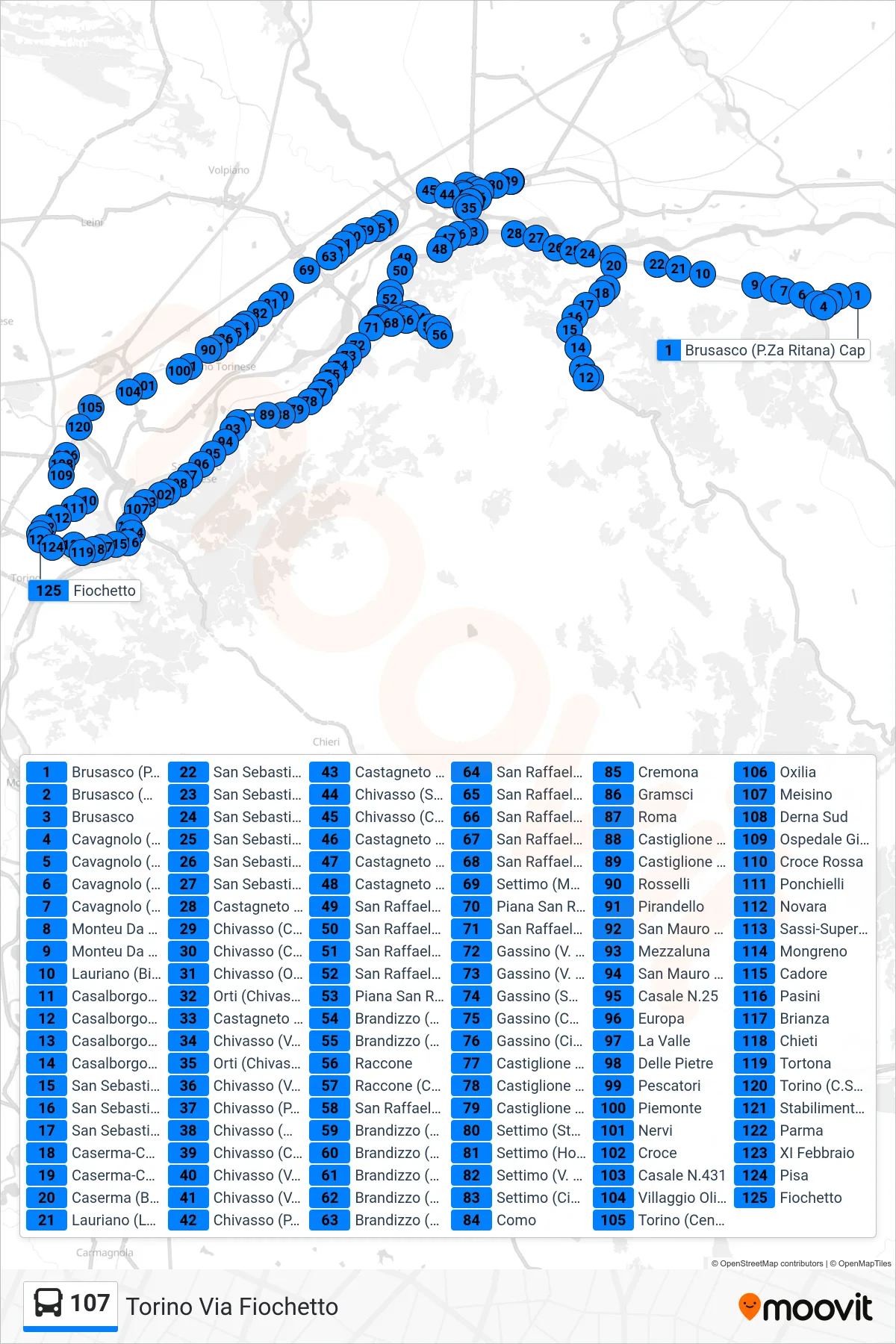 Linea 107 bus (Torino Via Fiochetto) - Percorsi e fermate sulla mappa