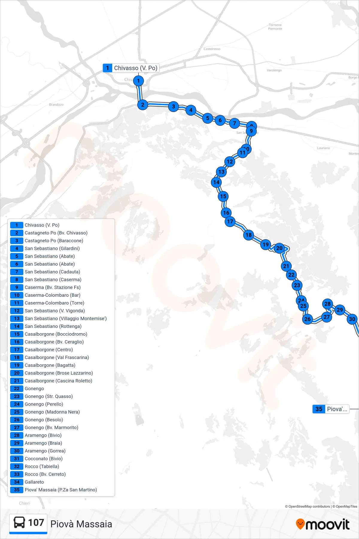 Linea 107  bus (Piovà Massaia) - Percorsi e fermate sulla mappa