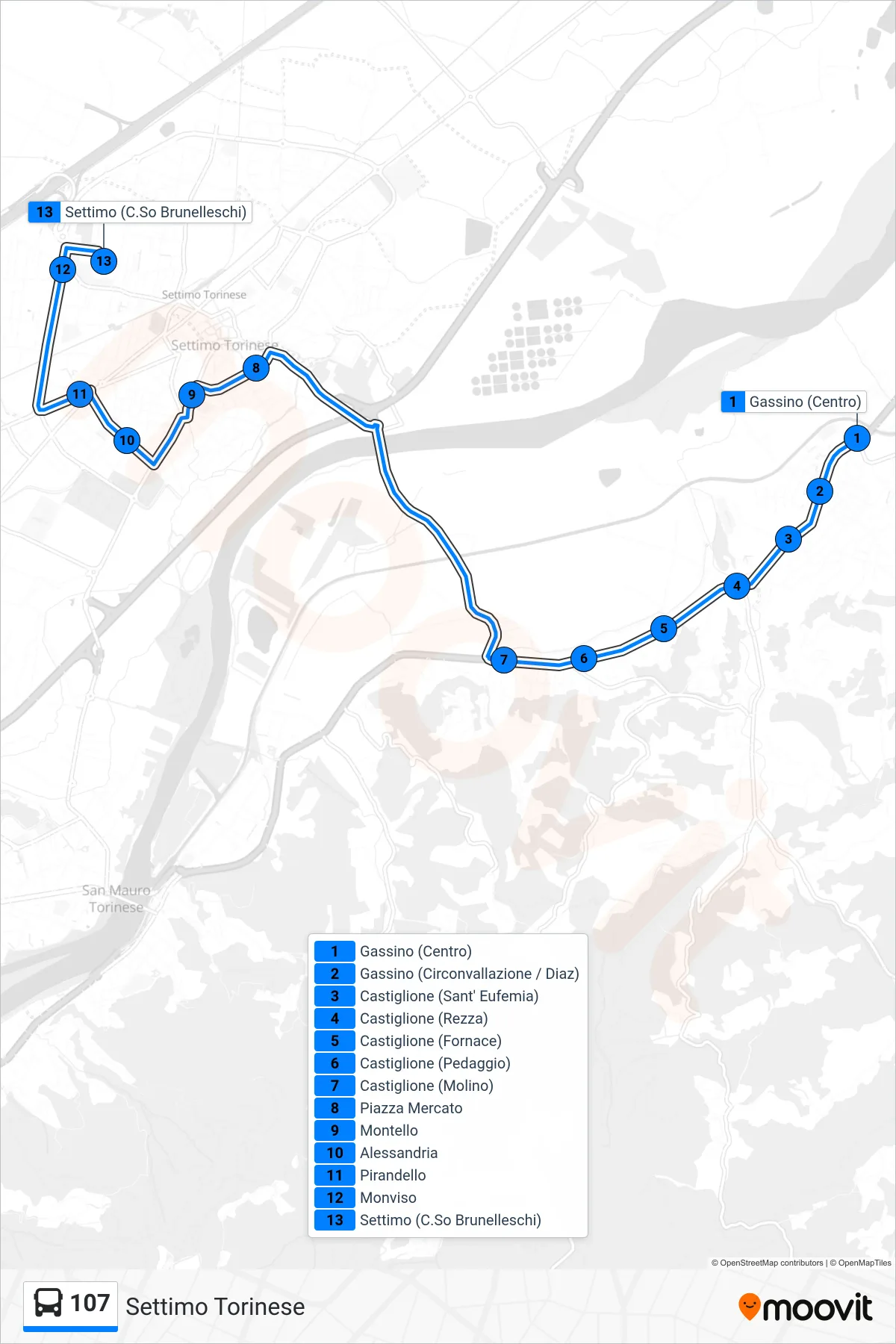 Linea 107  bus (Settimo Torinese) - Percorsi e fermate sulla mappa