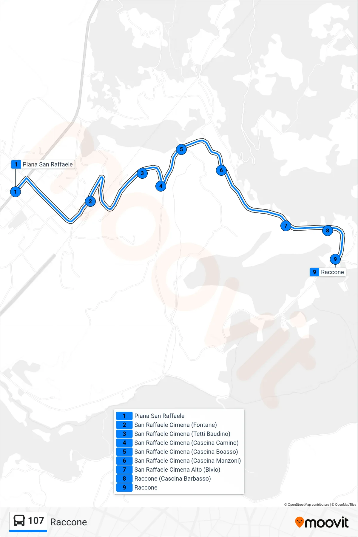 Linea 107  bus (Raccone) - Percorsi e fermate sulla mappa