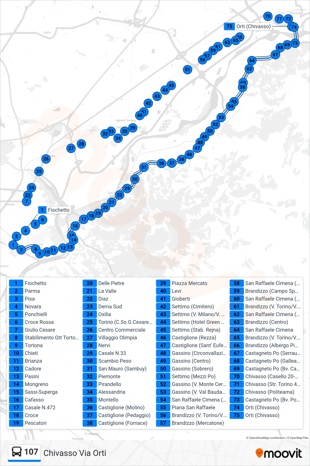Linea 107 bus (Chivasso Via Orti) - Percorsi e fermate sulla mappa
