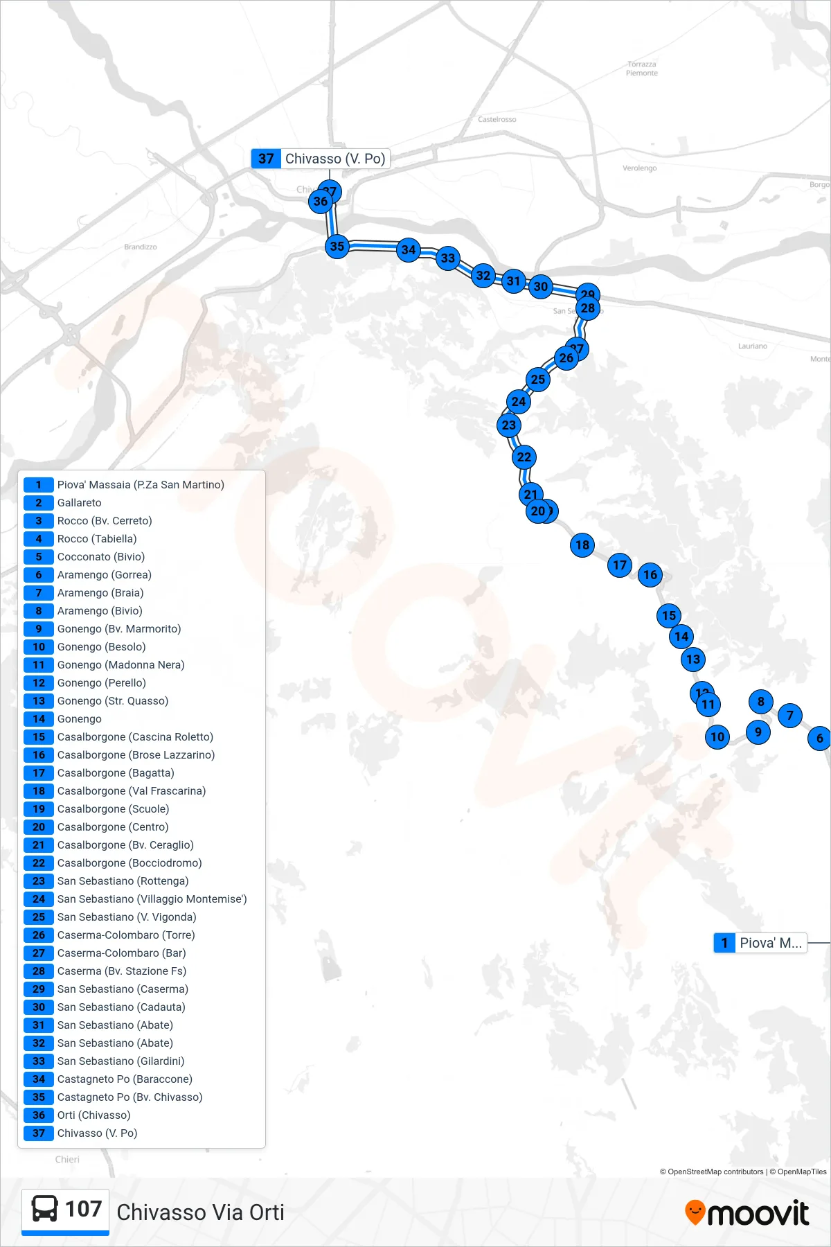 Linea 107 bus (Chivasso Via Orti) - Percorsi e fermate sulla mappa