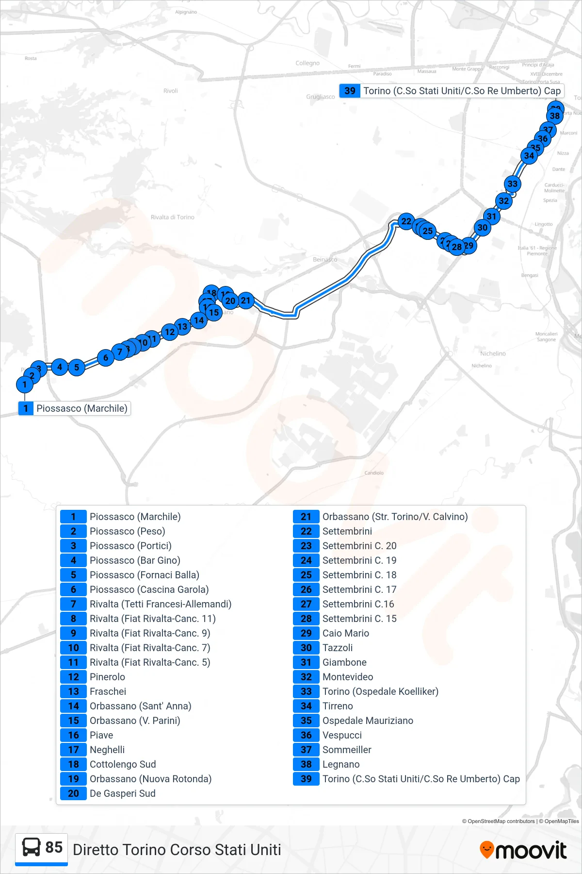 Linea 85  bus (Diretto Torino Corso Stati Uniti) - Percorsi e fermate sulla mappa