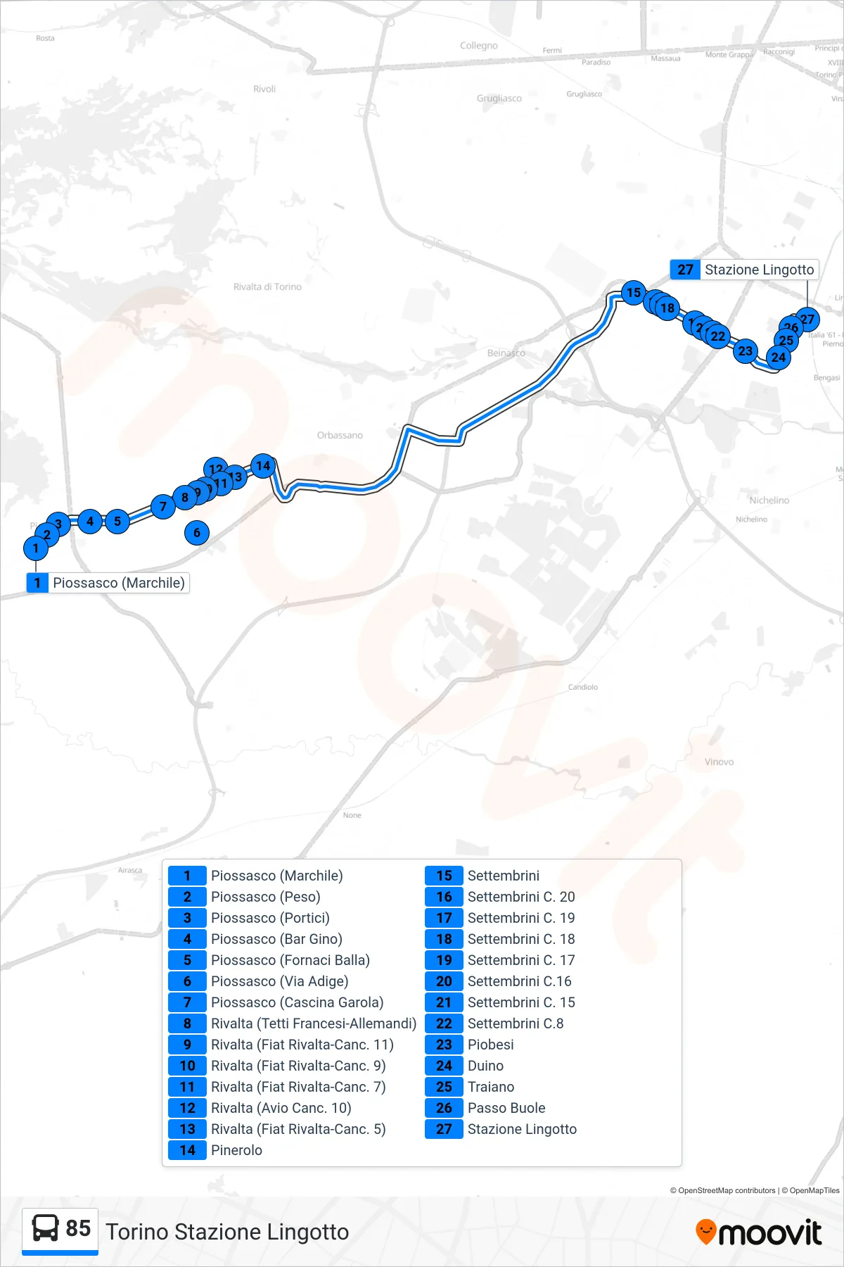 Linea 85 bus (Torino Stazione Lingotto) - Percorsi e fermate sulla mappa