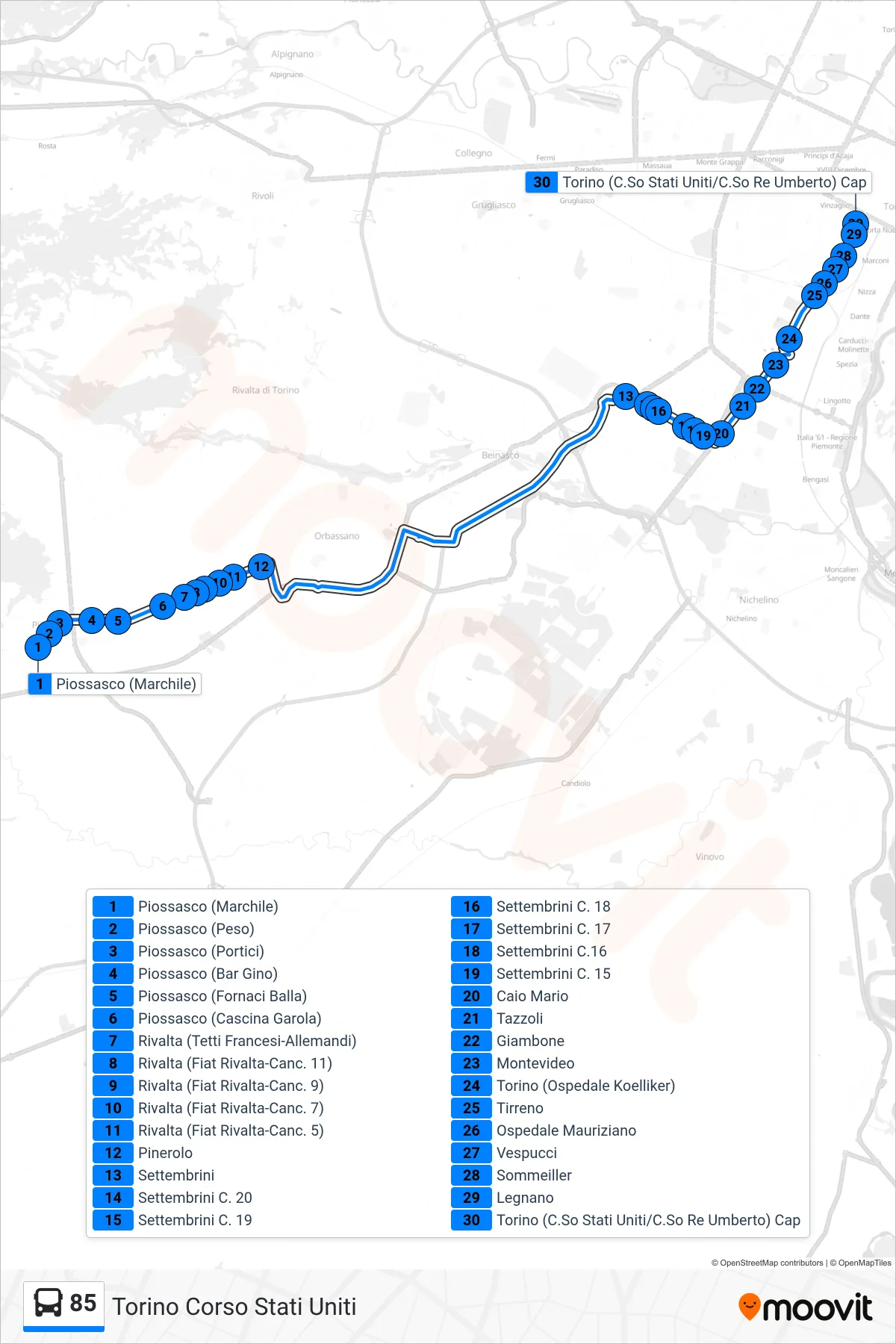 Linea 85  bus (Torino Corso Stati Uniti) - Percorsi e fermate sulla mappa