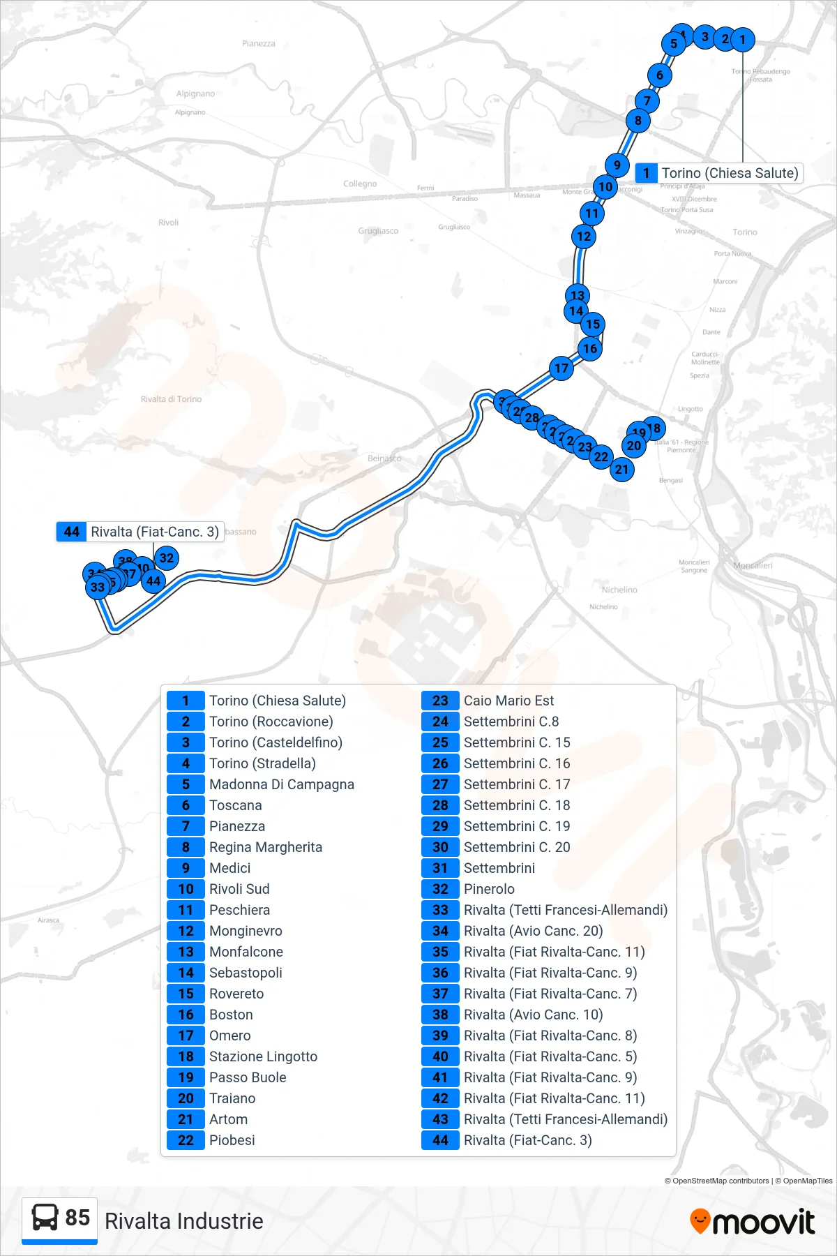 Linea 85 bus (Rivalta Industrie) - Percorsi e fermate sulla mappa