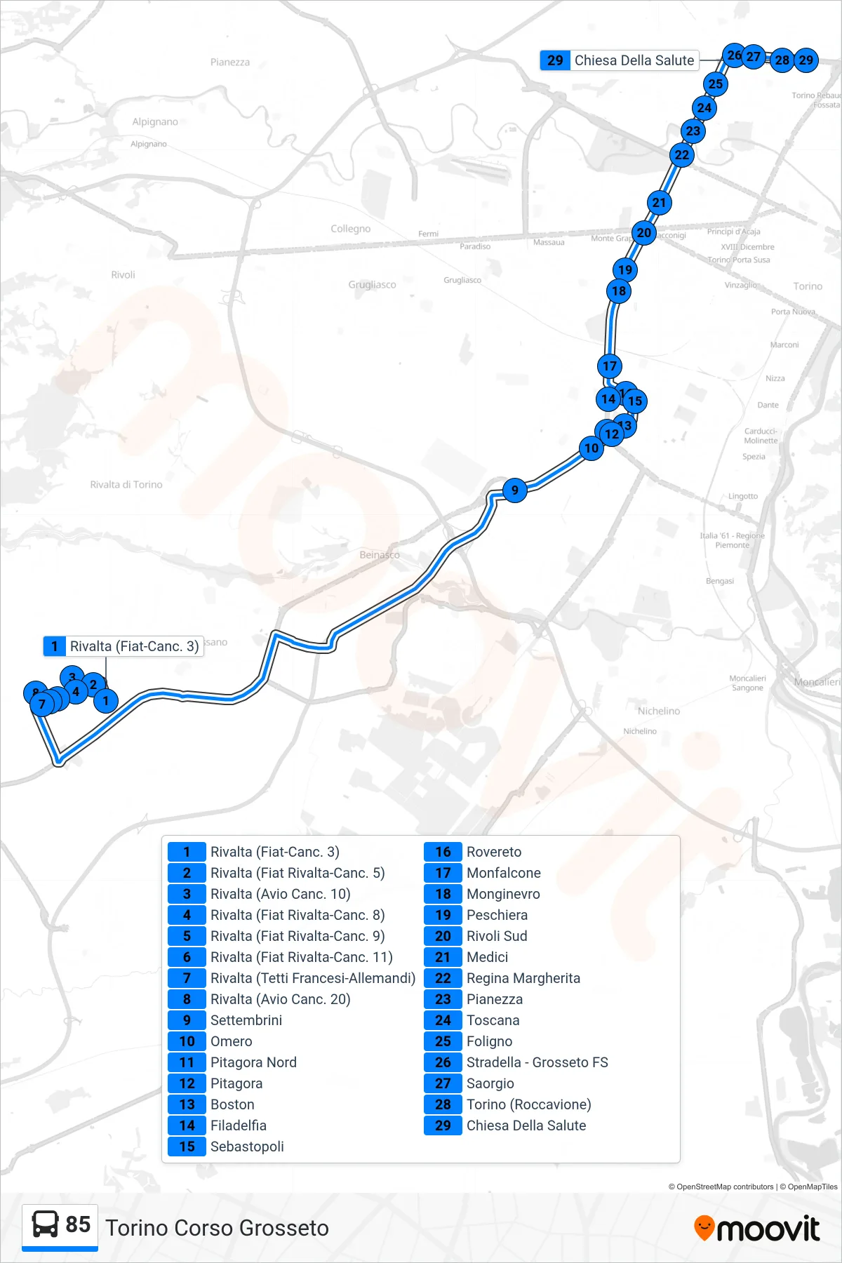 Linea 85  bus (Torino Corso Grosseto) - Percorsi e fermate sulla mappa