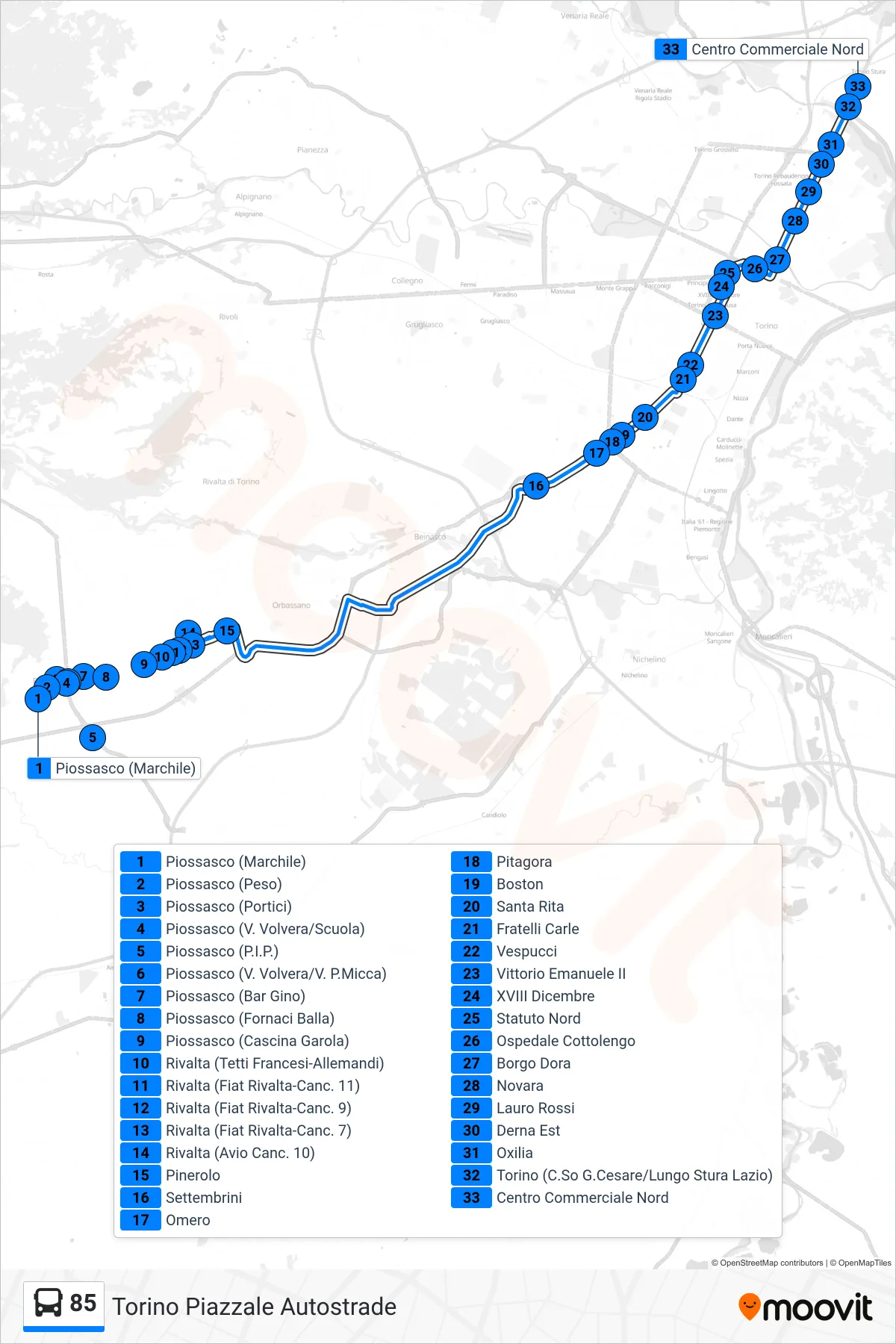 Linea 85 bus (Torino Piazzale Autostrade) - Percorsi e fermate sulla mappa