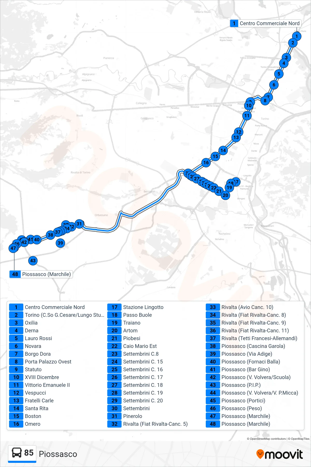 Linea 85 bus (Piossasco) - Percorsi e fermate sulla mappa