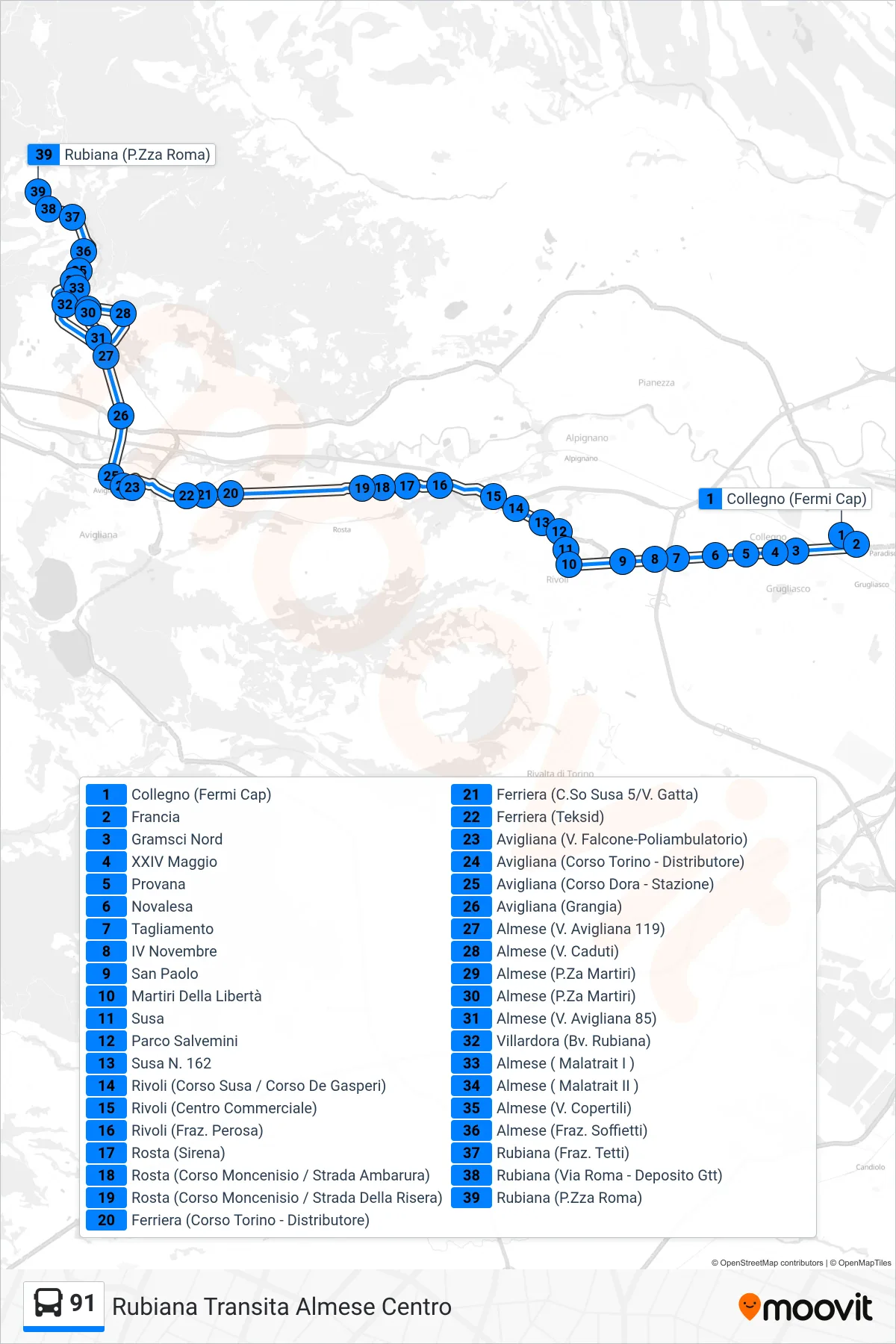 Linea 91 bus (Rubiana Transita Almese Centro) - Percorsi e fermate sulla mappa