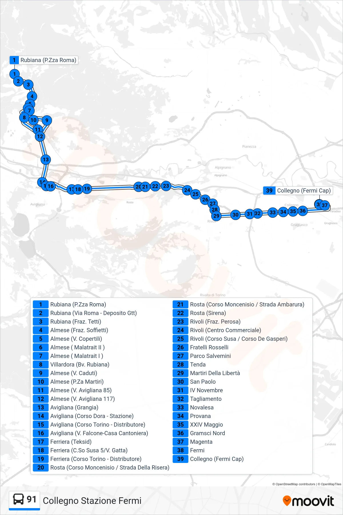 Linea 91  bus (Collegno Stazione Fermi) - Percorsi e fermate sulla mappa