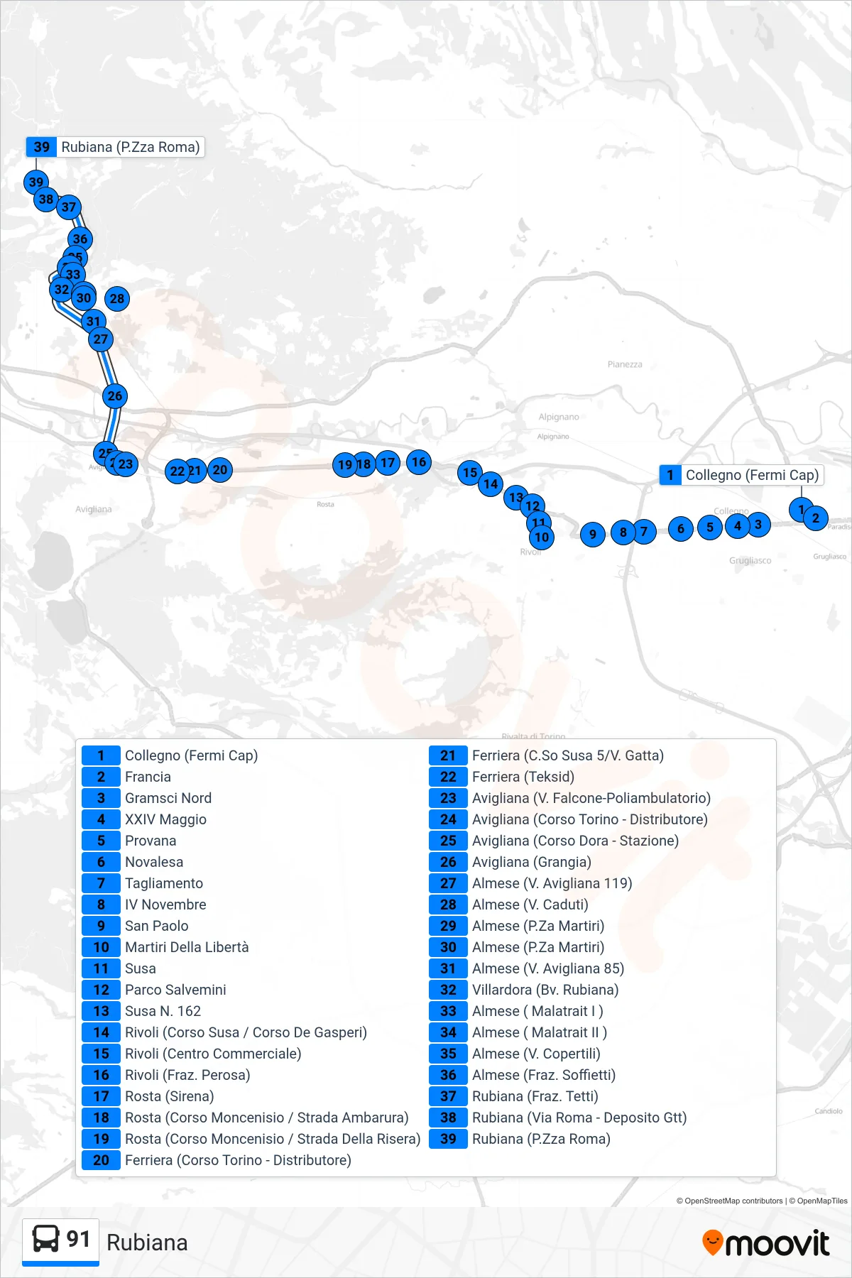 91 bus Line (Rubiana) route and stops on a map