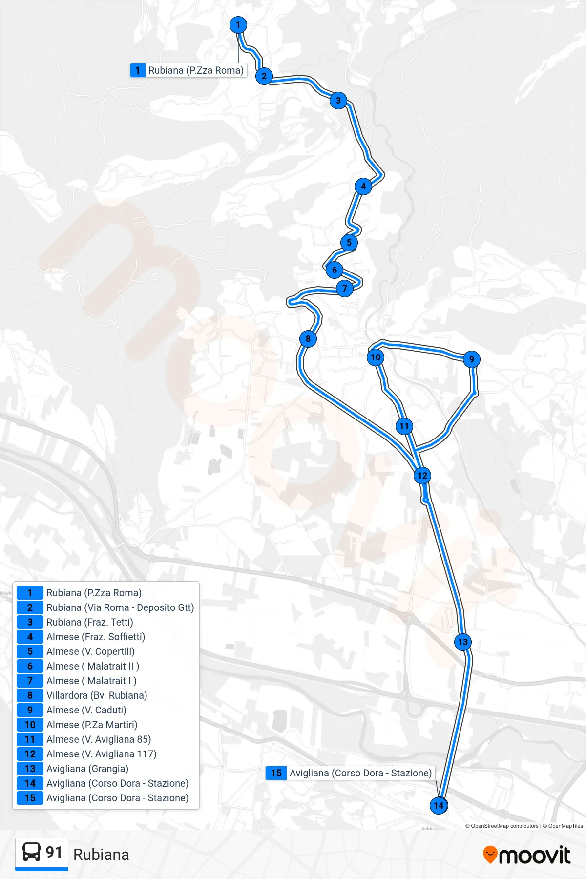 Linea 91 bus (Rubiana) - Percorsi e fermate sulla mappa