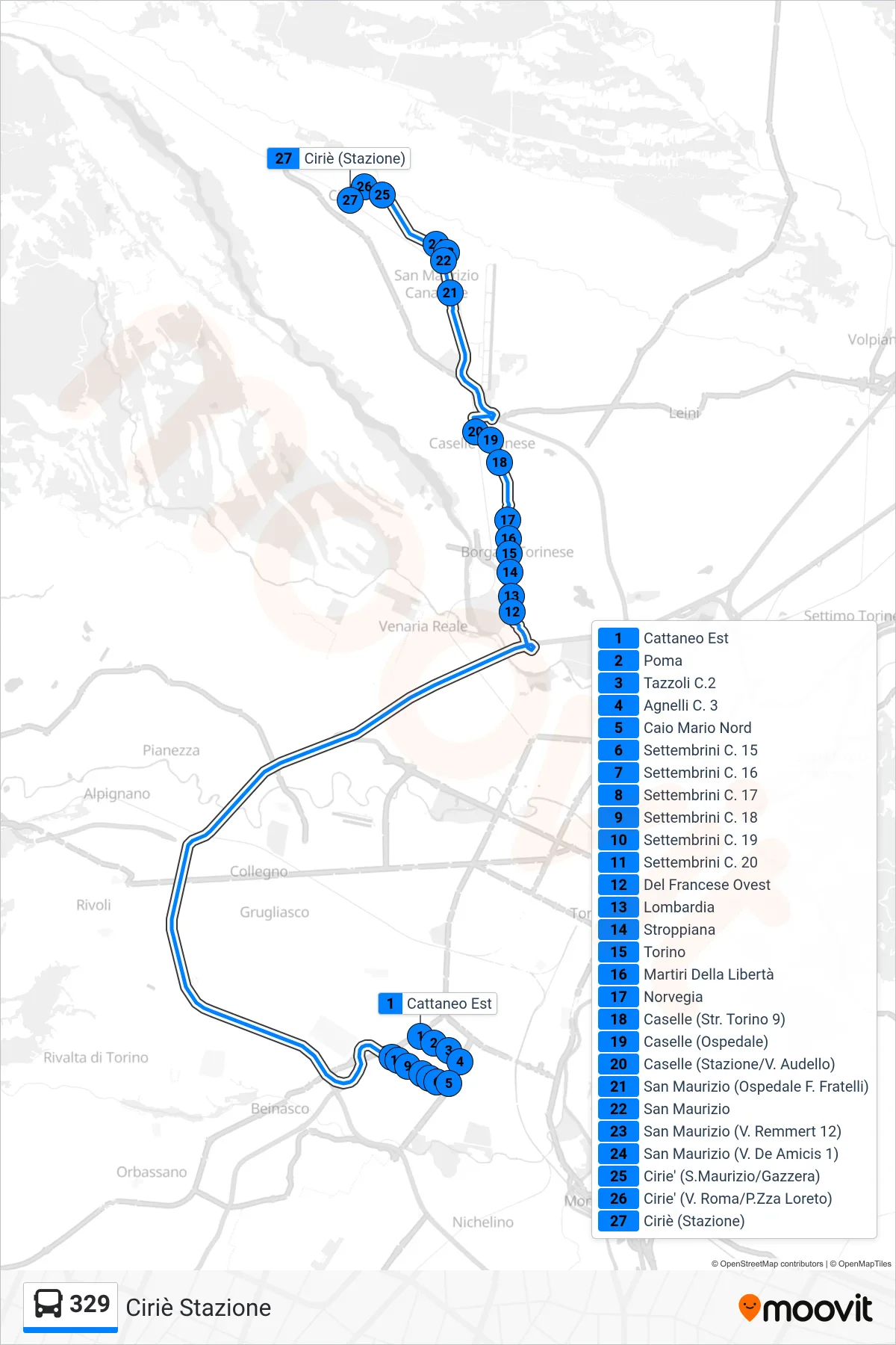 Linea 329 bus (Ciriè Stazione) - Percorsi e fermate sulla mappa