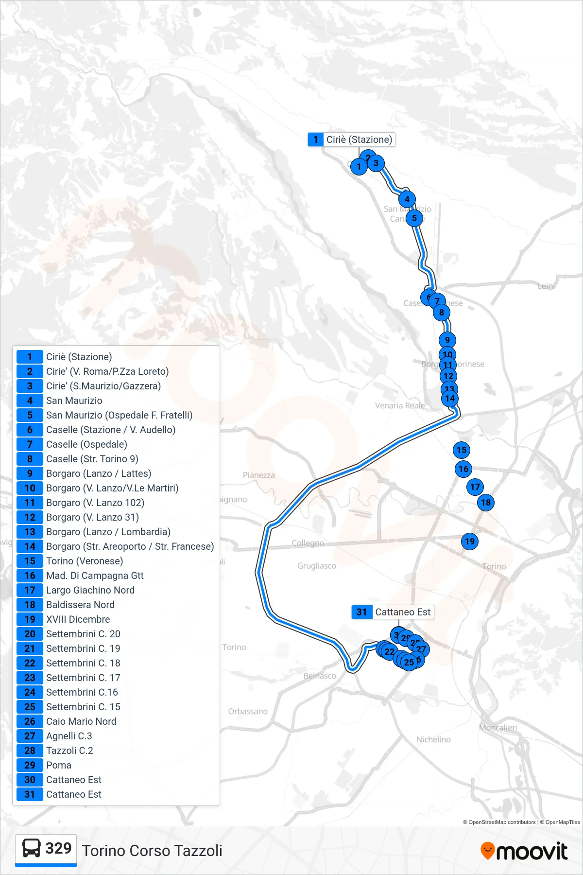 Linea 329 bus (Torino Corso Tazzoli) - Percorsi e fermate sulla mappa