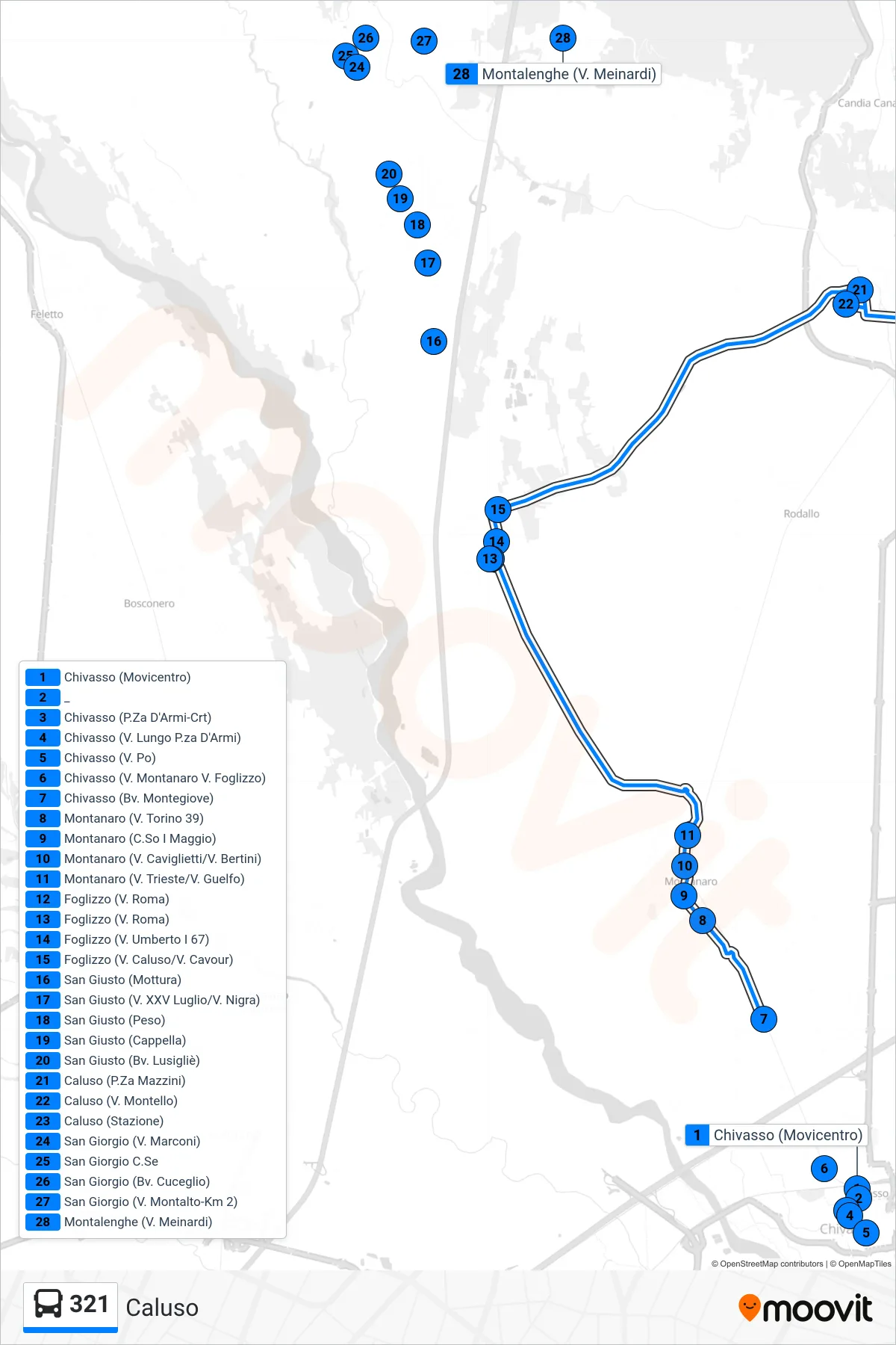 Linea 321  bus (Caluso) - Percorsi e fermate sulla mappa