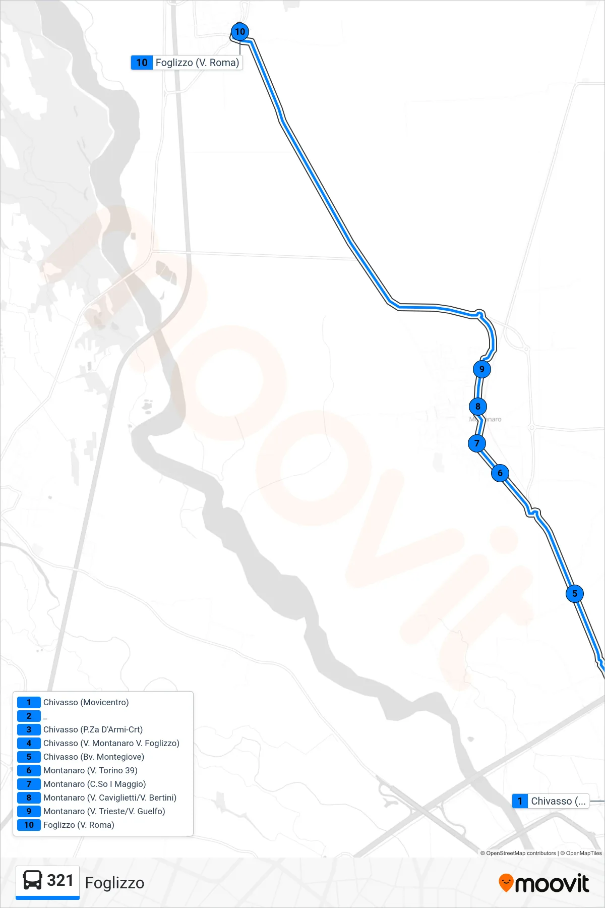Linea 321 bus (Foglizzo) - Percorsi e fermate sulla mappa