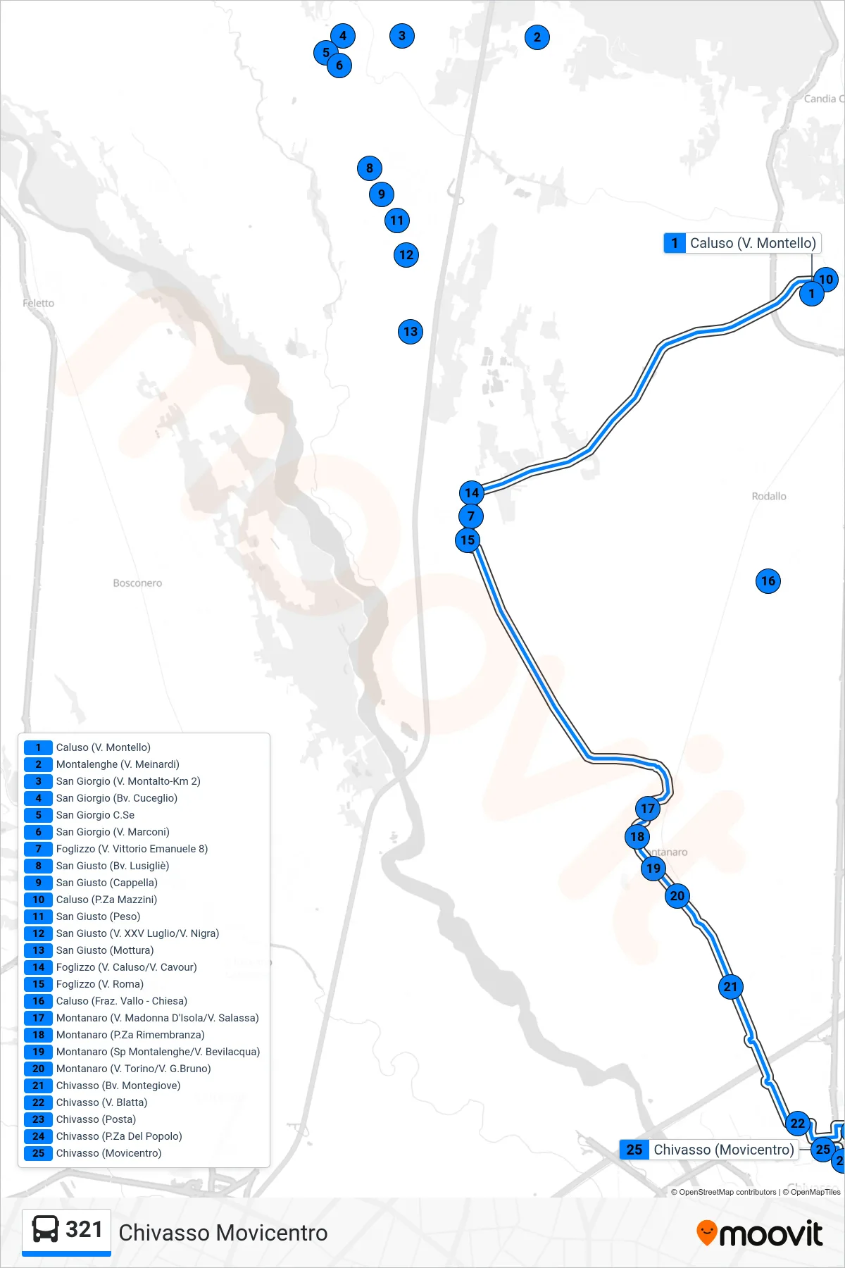 Linea 321  bus (Chivasso Movicentro) - Percorsi e fermate sulla mappa