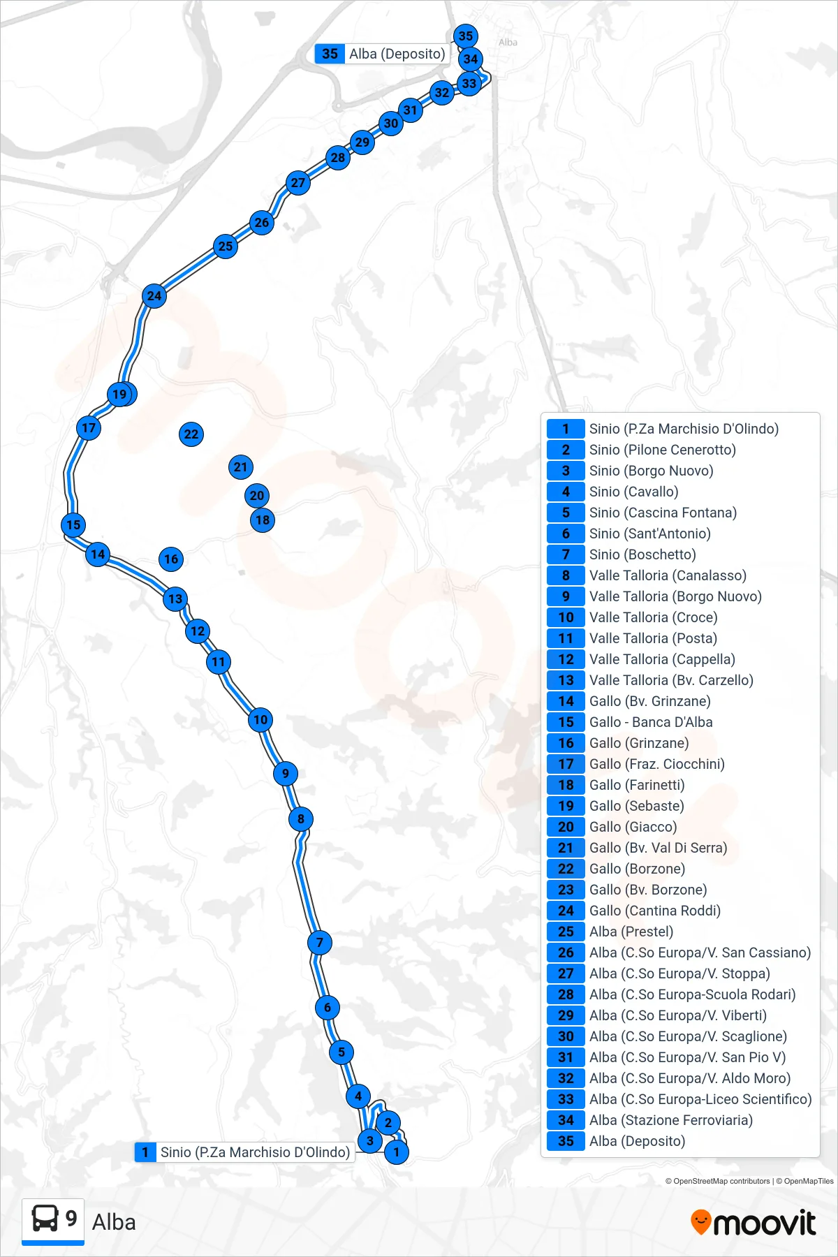 Linea 9 bus (Alba) - Percorsi e fermate sulla mappa