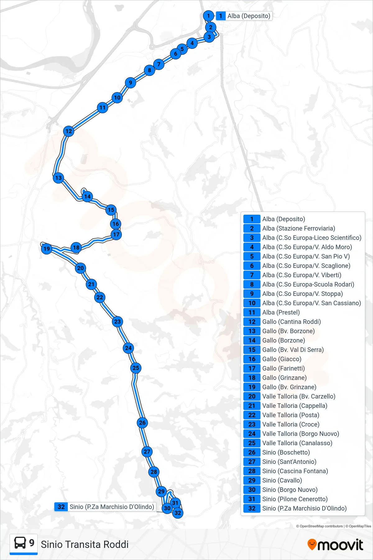 Linea 9 bus (Sinio Transita Roddi) - Percorsi e fermate sulla mappa