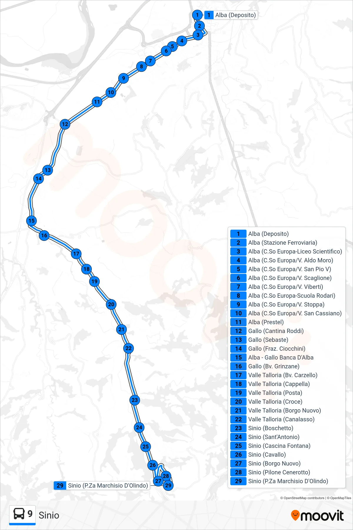 Linea 9 bus (Sinio) - Percorsi e fermate sulla mappa