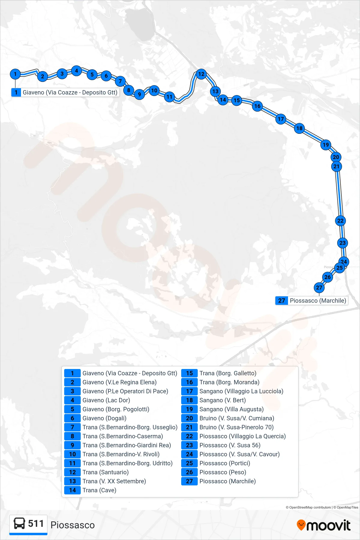 Linea 511  bus (Piossasco) - Percorsi e fermate sulla mappa