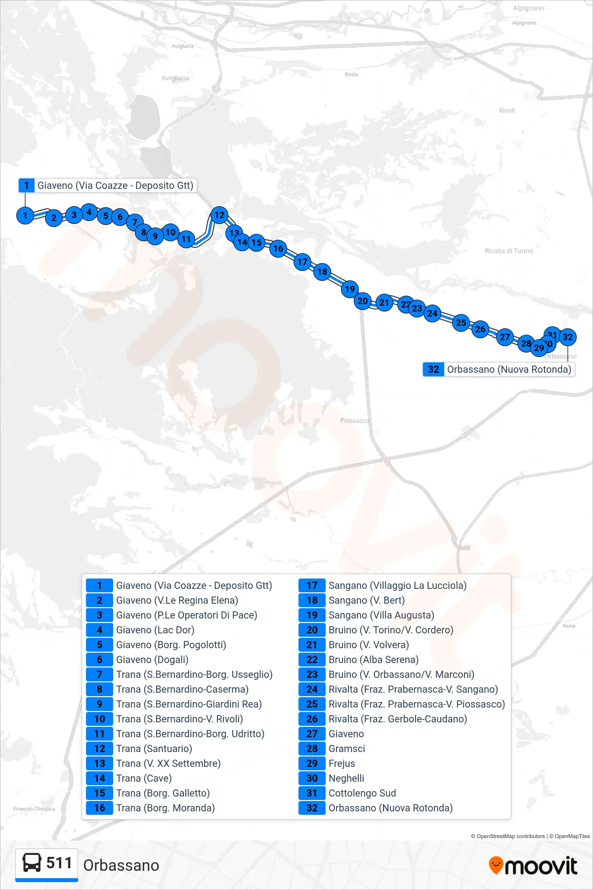 Linea 511 bus (Orbassano) - Percorsi e fermate sulla mappa