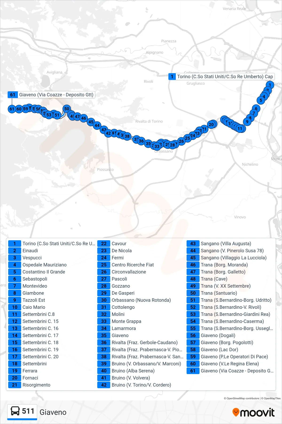 Linea 511 bus (Giaveno) - Percorsi e fermate sulla mappa