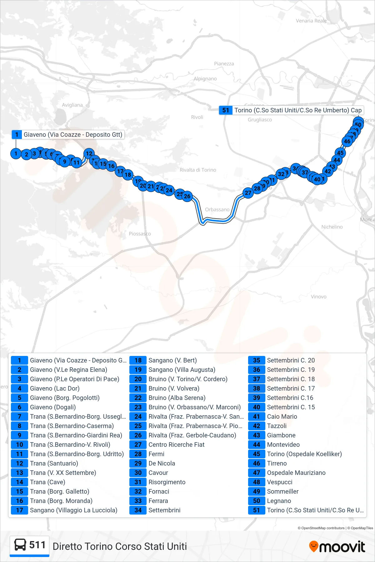 Linea 511  bus (Diretto Torino Corso Stati Uniti) - Percorsi e fermate sulla mappa