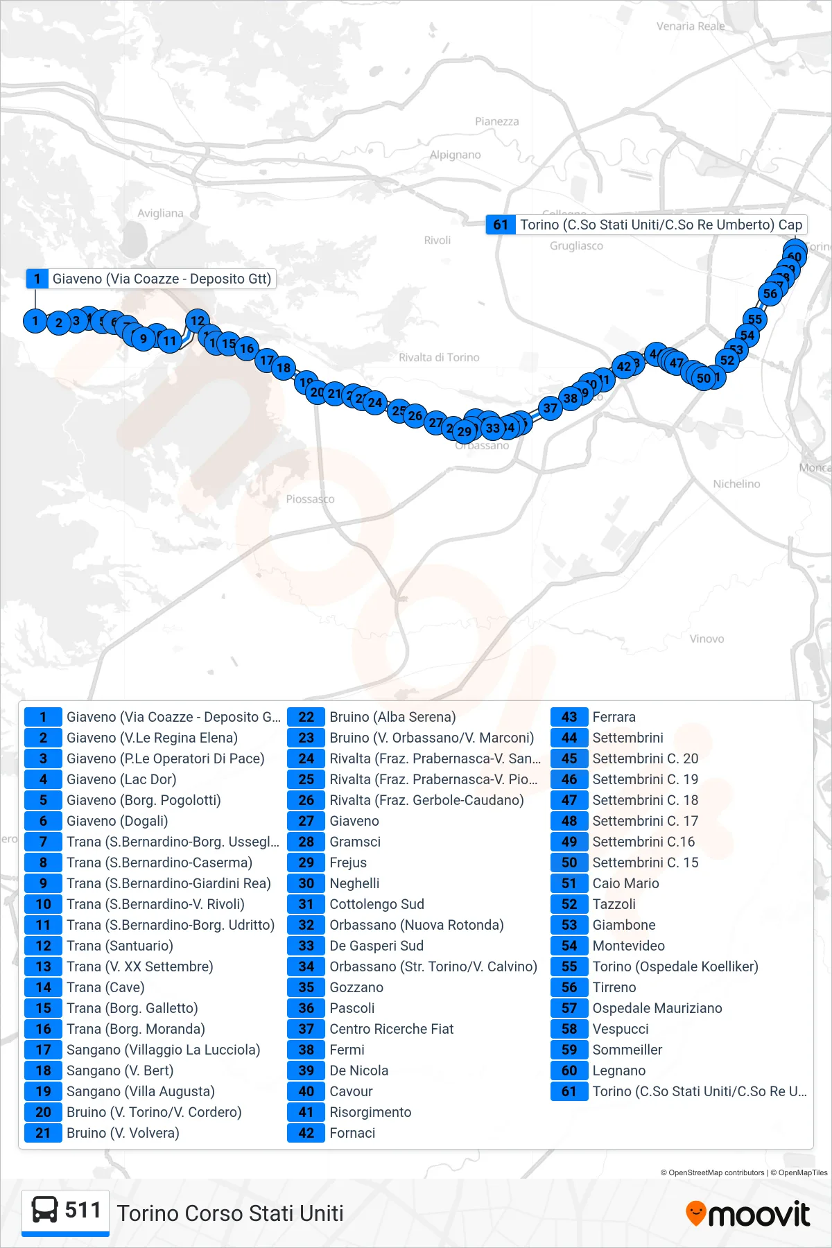 Linea 511 bus (Torino Corso Stati Uniti) - Percorsi e fermate sulla mappa
