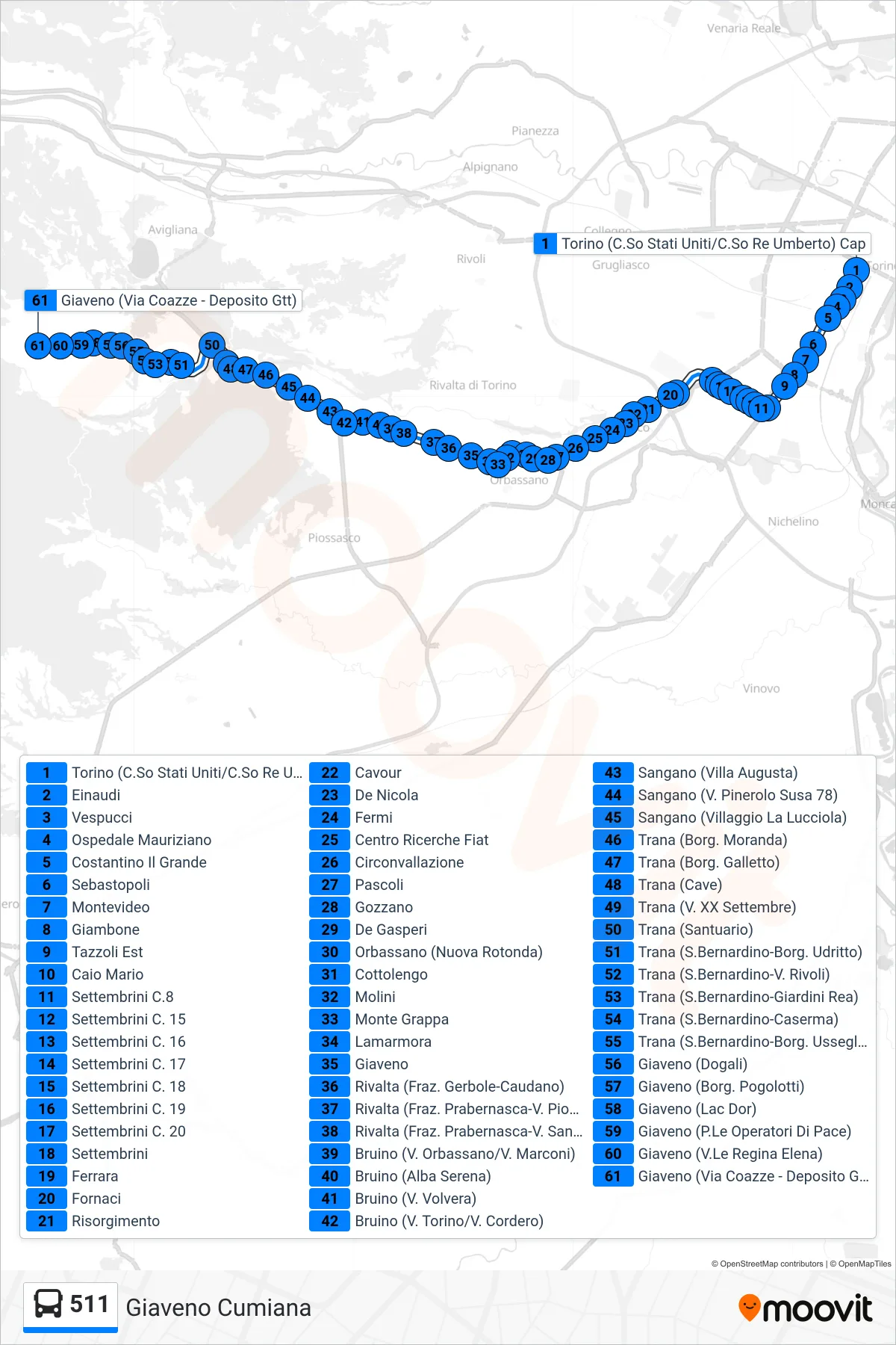 511 bus Line (Giaveno Cumiana) route and stops on a map