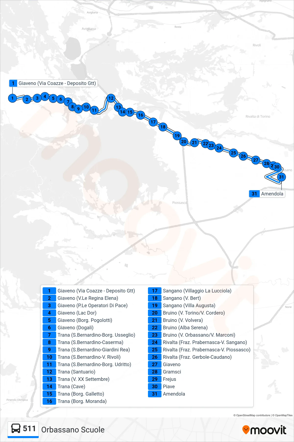 Linea 511 bus (Orbassano Scuole) - Percorsi e fermate sulla mappa