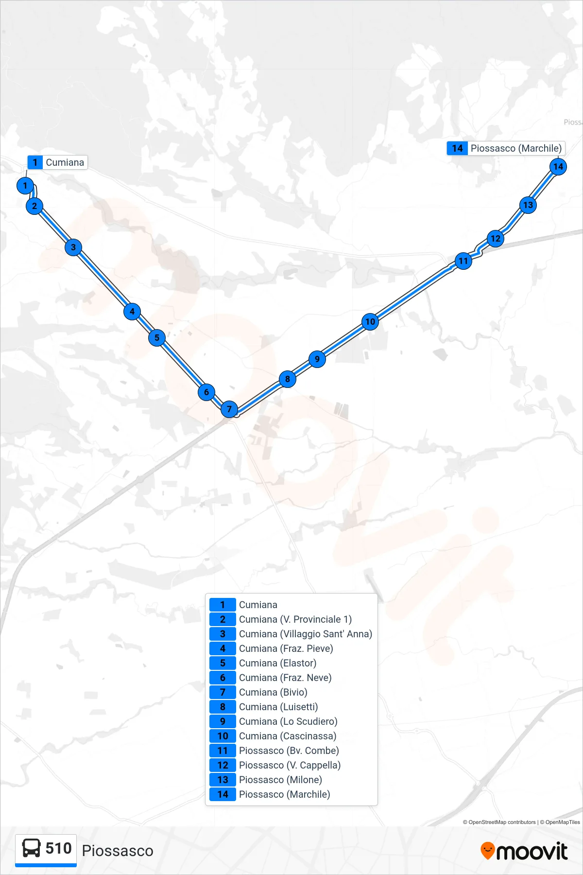 Linea 510  bus (Piossasco) - Percorsi e fermate sulla mappa