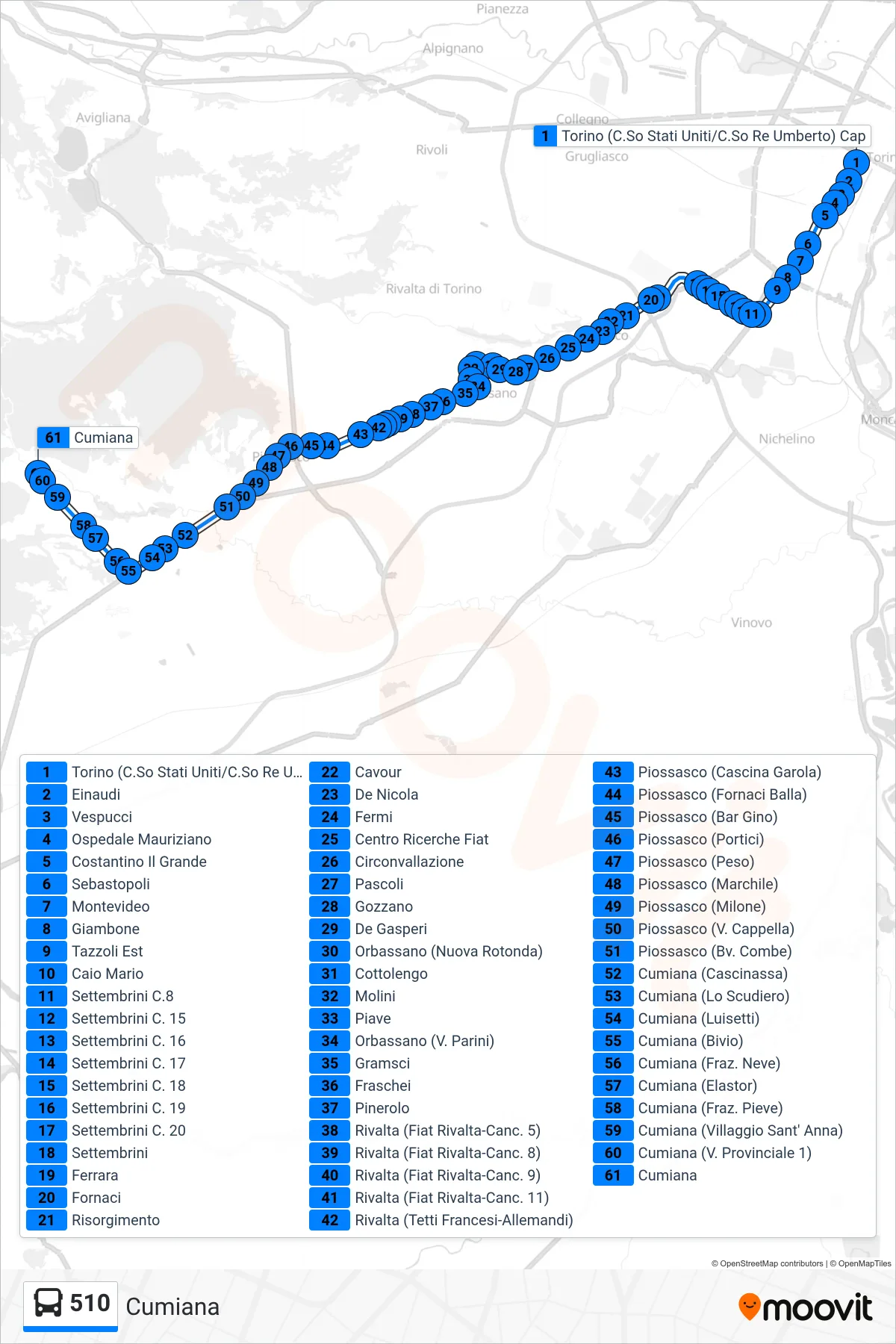 Linea 510  bus (Cumiana) - Percorsi e fermate sulla mappa